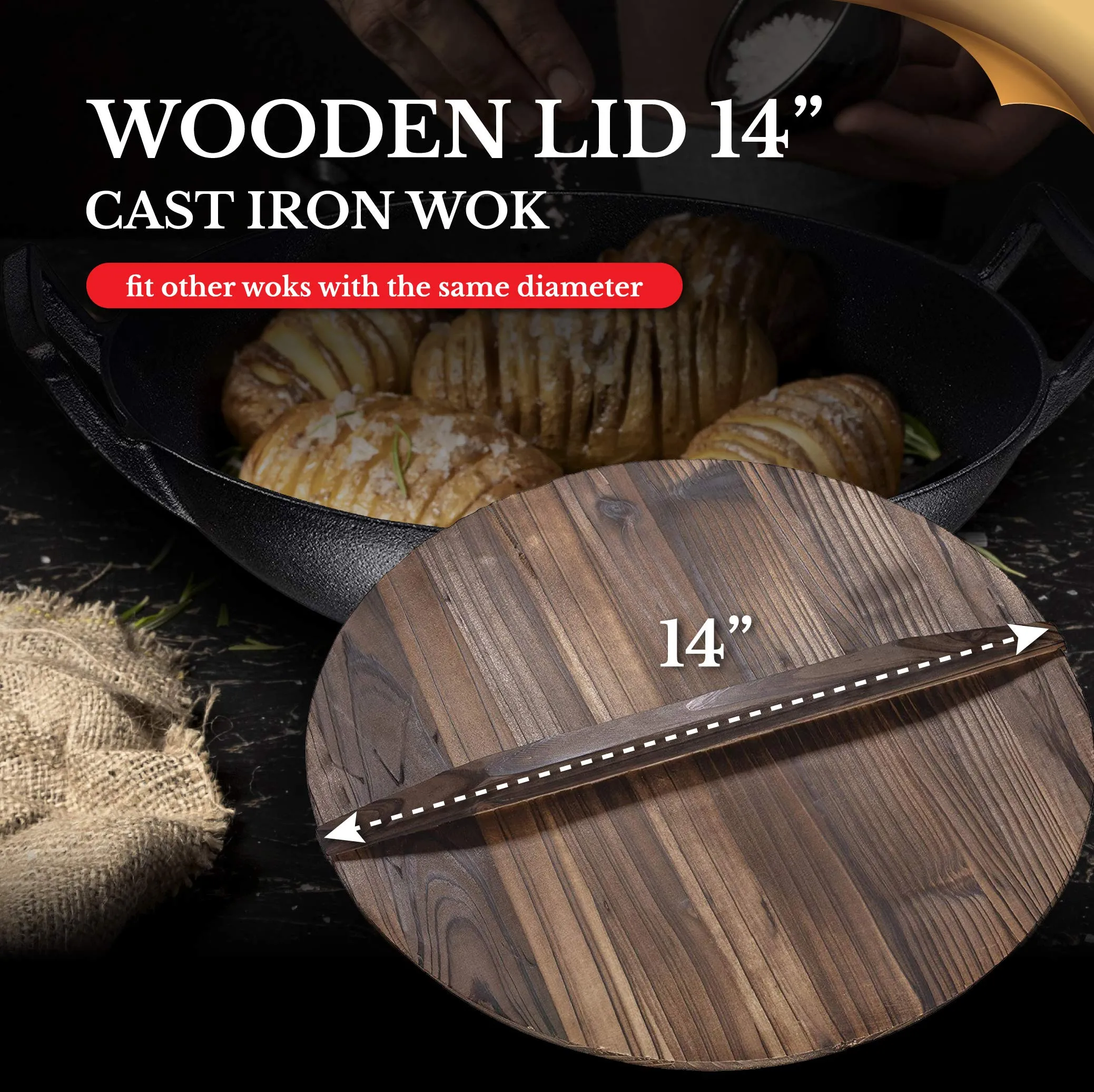 14 Inch Wooden Wok Lid, Round Natural Wooden Lid For 14" Cast Iron Wok Pot, Pan