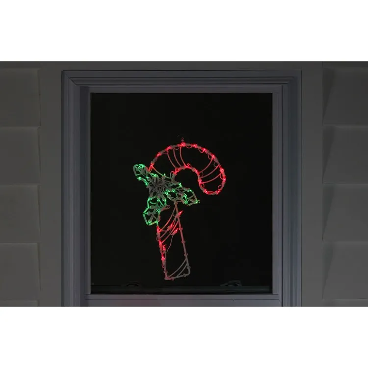 18" Lighted Candy Cane with Holly Christmas Window Silhouette Decoration