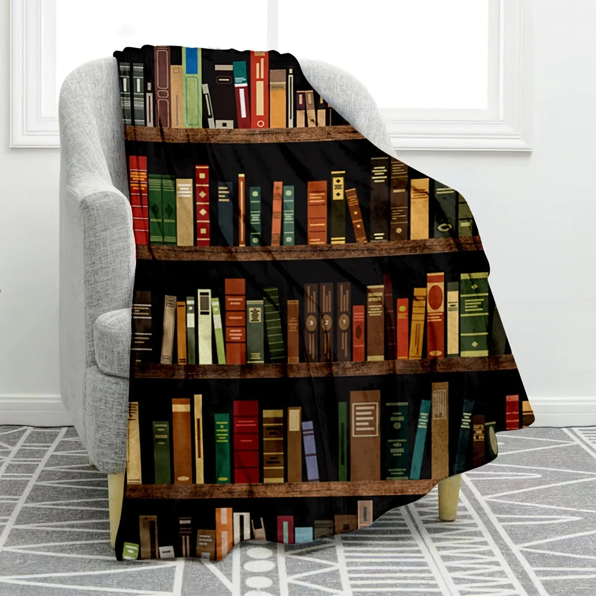 1pc Cozy Bookshelf Print Soft Throw Blanket - Warm, Plush, and Lightweight for Couch, Bed, Sofa - Perfect Birthday Gift Idea for Book Lovers