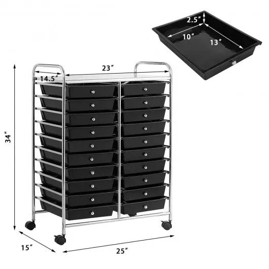 20 Drawers Storage Rolling Cart Studio Organizer-Black