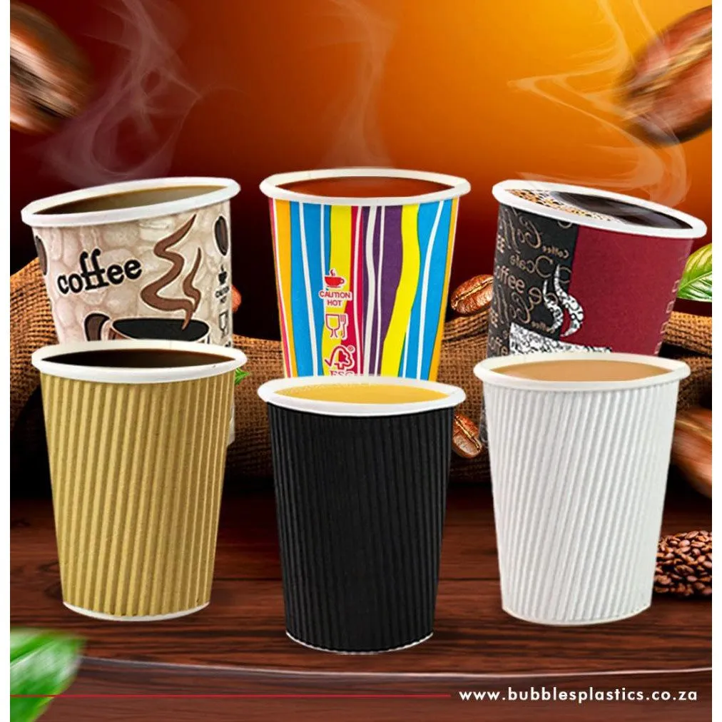 250ml Ripple Paper Coffee Cup Horizontal Black with Black Sip Lid 10pack