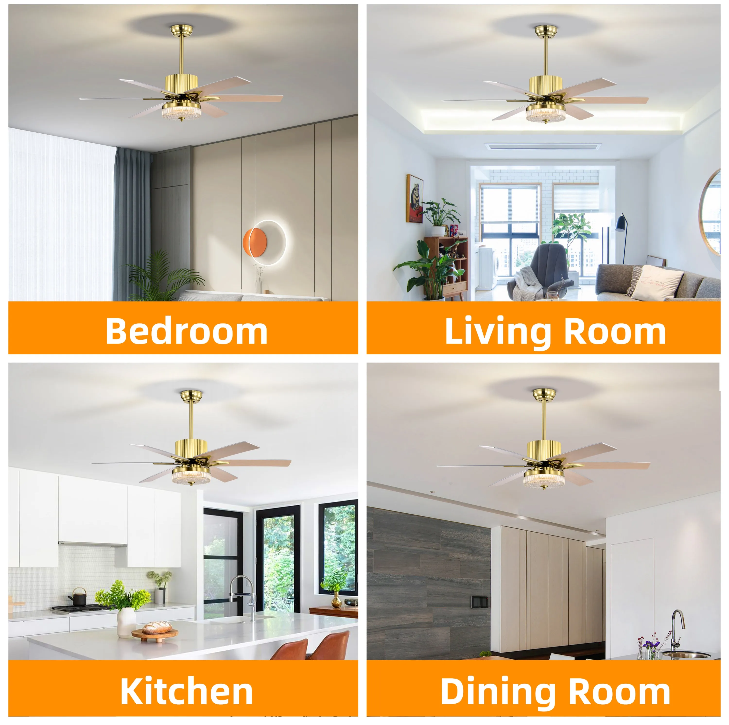 52" Modern Style Ceiling Fan Light Gold LED Ceiling Light Remote Control 3 Speed Reversible Silent Ceiling Fan, 1h/4h/8h Timer