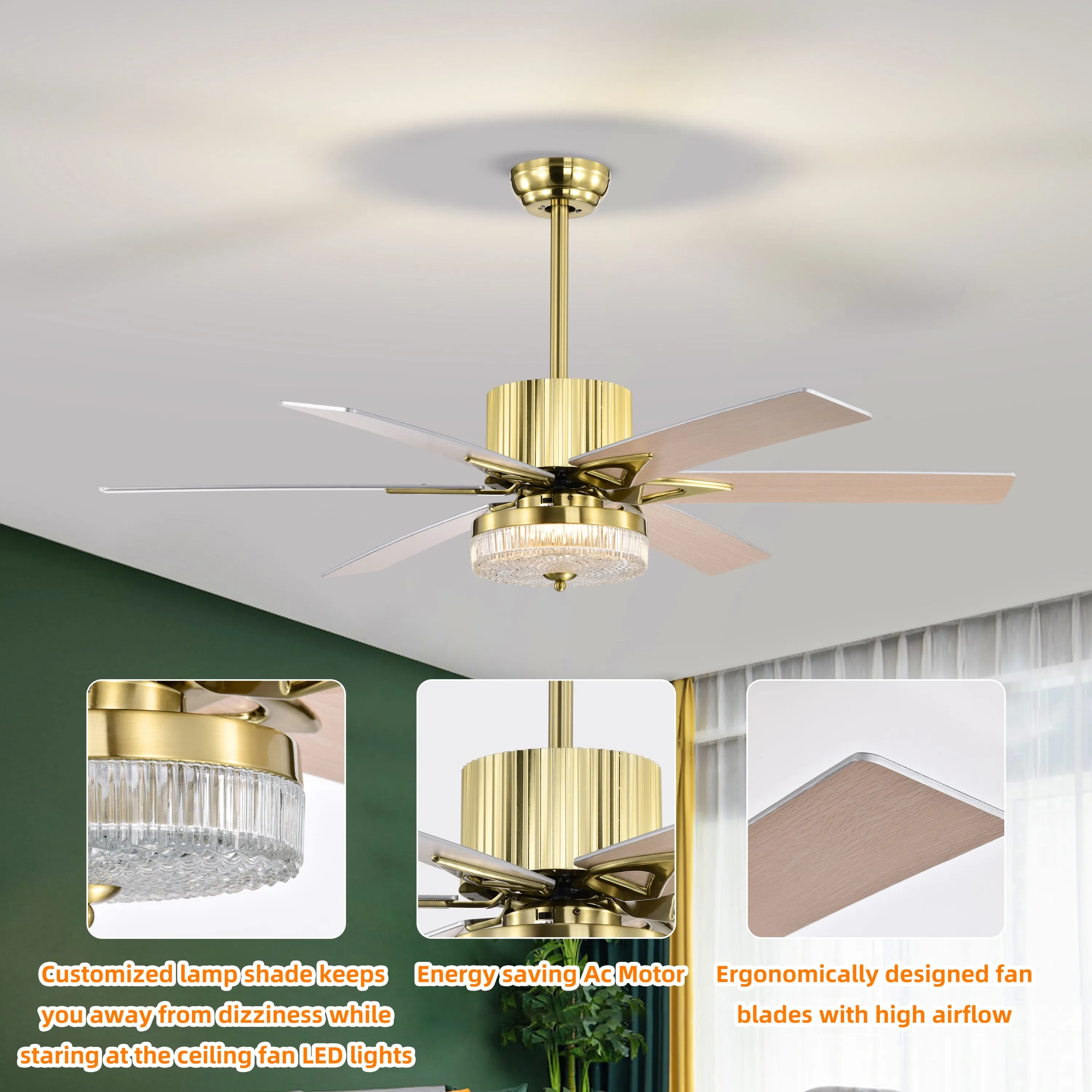 52" Modern Style Ceiling Fan Light Gold LED Ceiling Light Remote Control 3 Speed Reversible Silent Ceiling Fan, 1h/4h/8h Timer