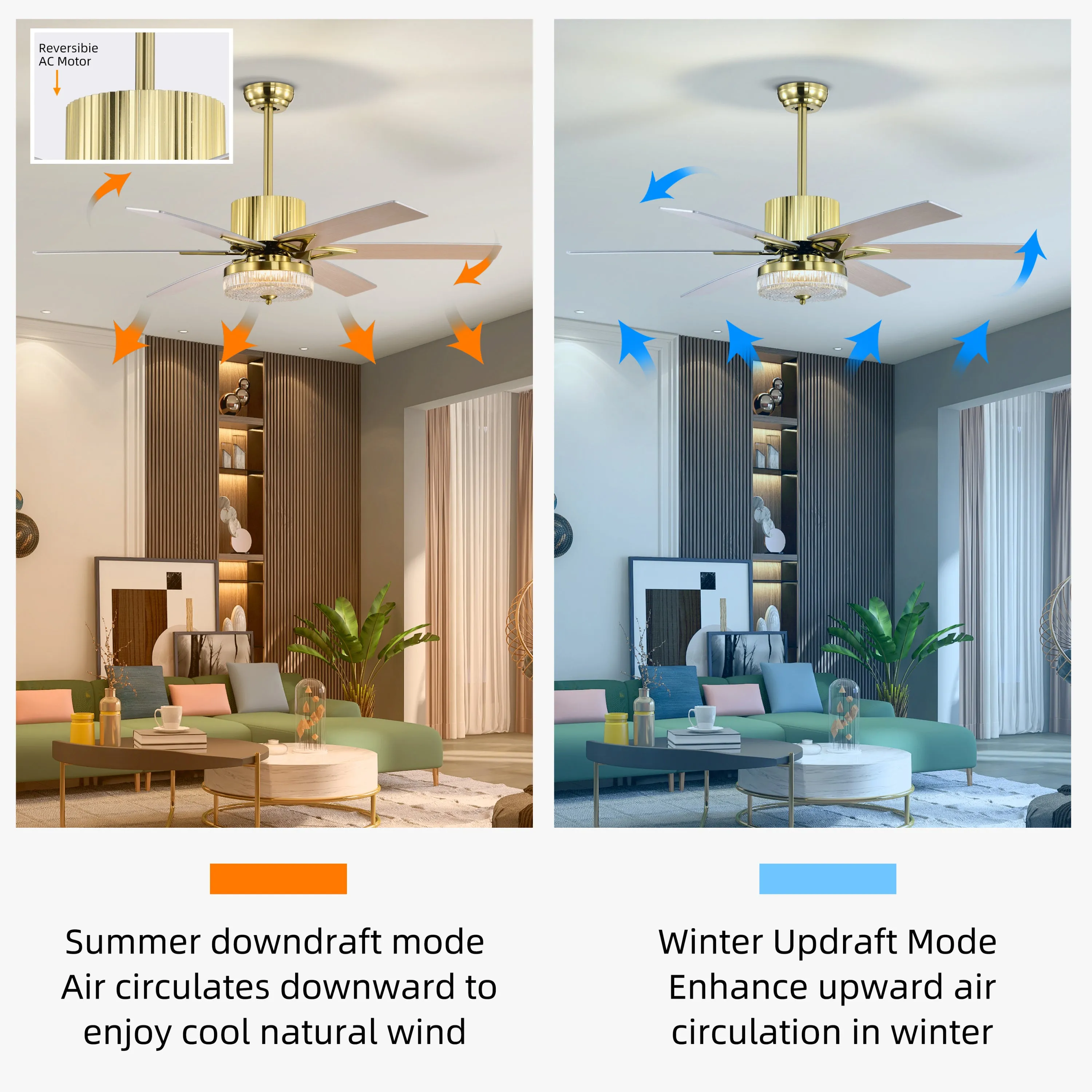 52" Modern Style Ceiling Fan Light Gold LED Ceiling Light Remote Control 3 Speed Reversible Silent Ceiling Fan, 1h/4h/8h Timer