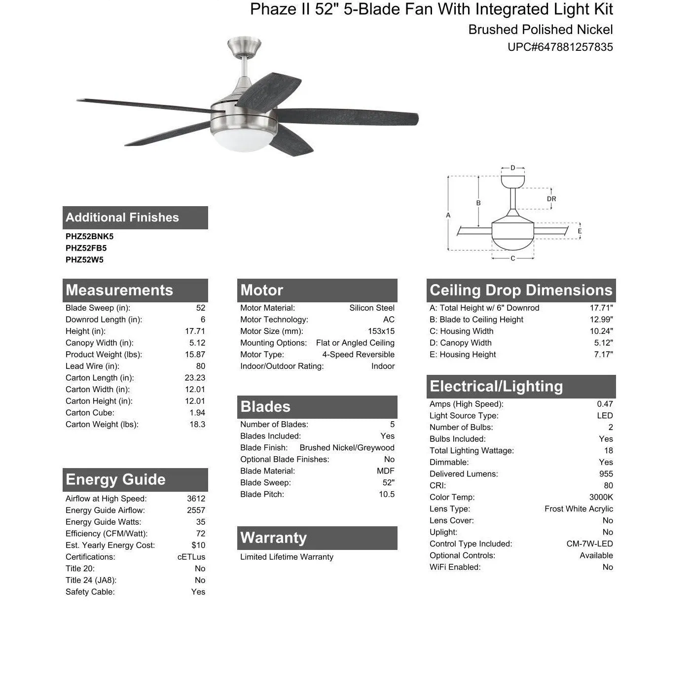 52" Phaze II 5-Blade in Brushed Polished Nickel w/ Brushed Nickel/Greywood Blades