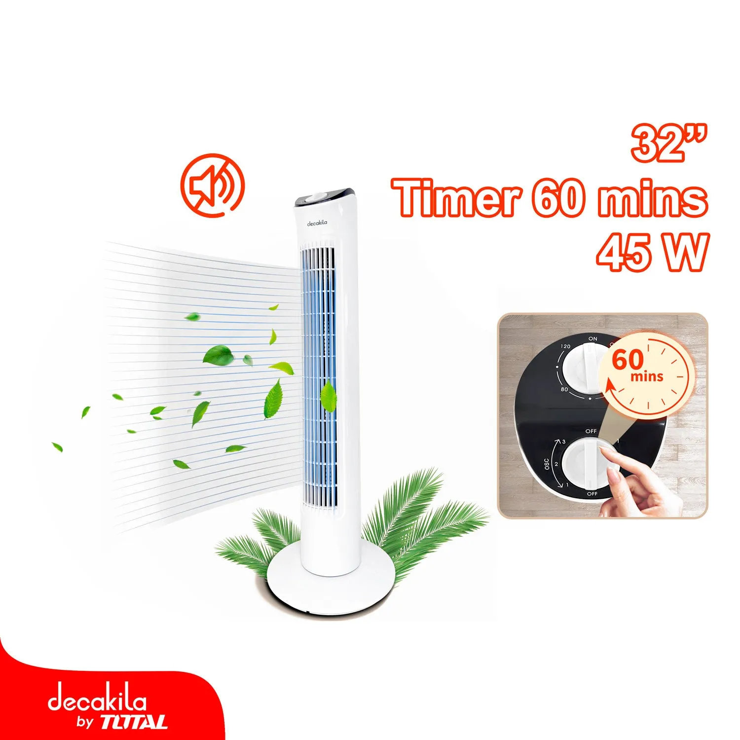 Abanico De Torre 32" Alto 45W 120V 60Hz Temporizador 120 Mins. 3 Velocidades. Oscila 70º