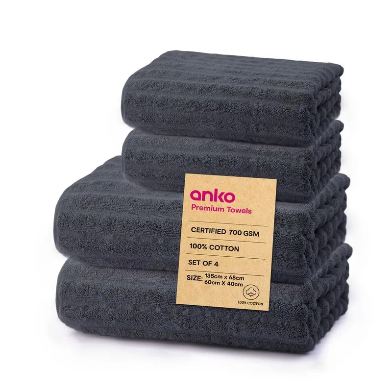 Anko Australia 100% Cotton 700 GSM Ribbed Towel Set | 2 Bath Towels, 2 Hand Towels | Super-Soft, Absorbent, Quick-Drying | Dark Grey Cotton Towels for Bath, Travel & Gym | 135x68cm & 60x40cm