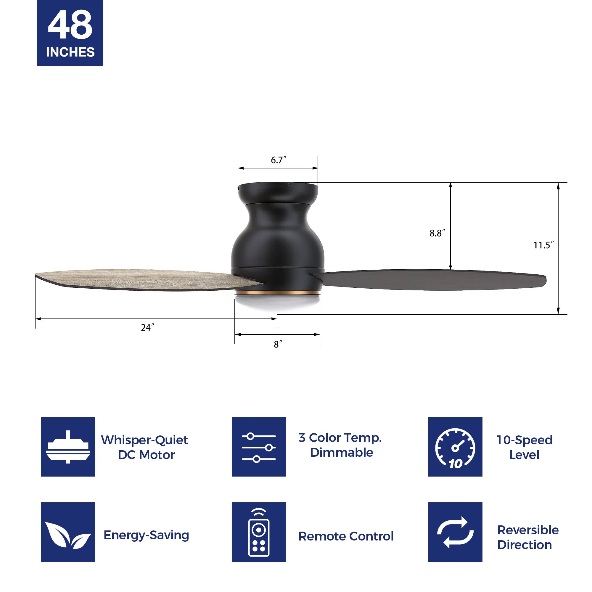 Arran Flush Mount Ceiling Fan with Light Kit and Remote 48 inch