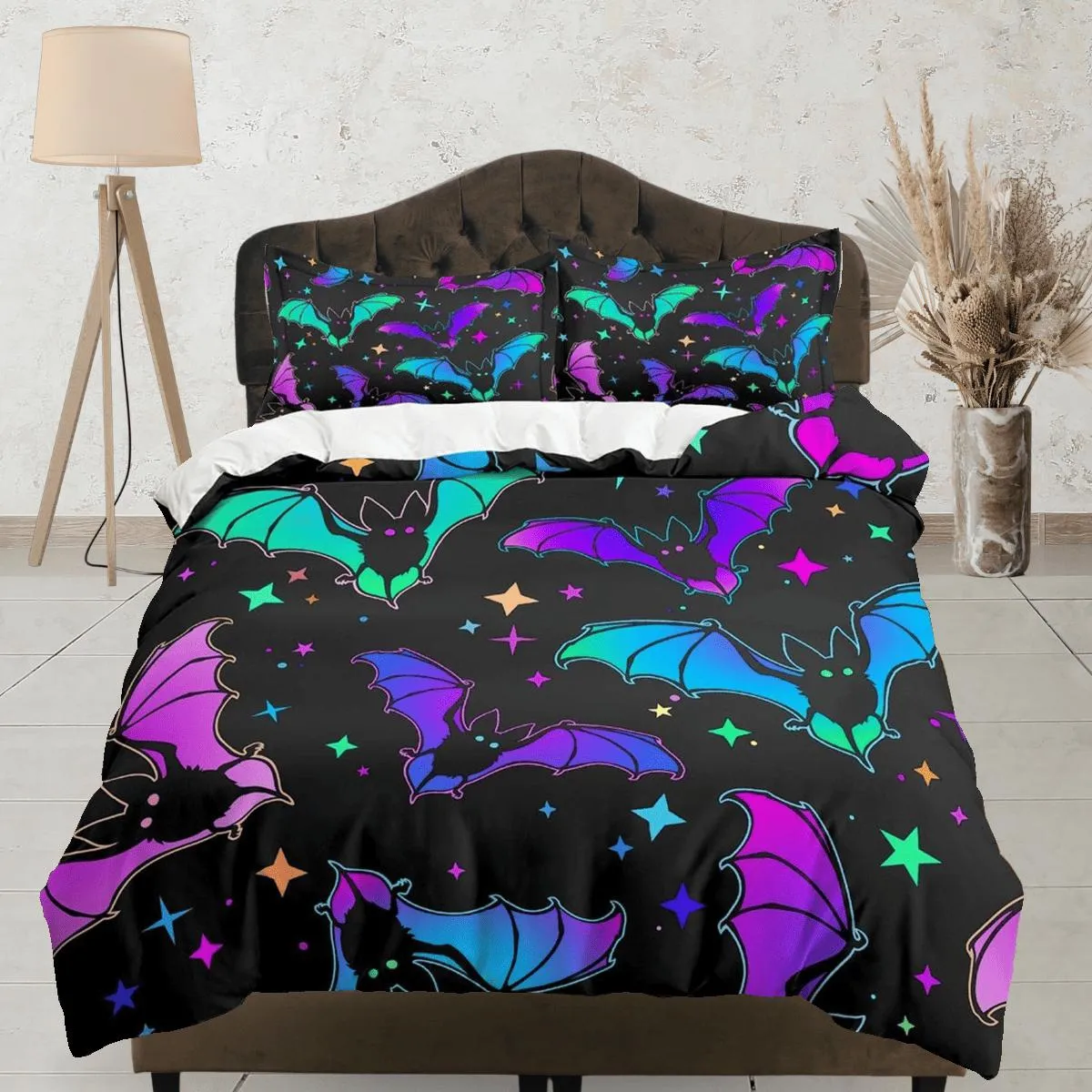 Bats and stars halloween bedding & pillowcase, gothic duvet cover, dorm bedding, halloween goth decor toddler bedding, halloween gift