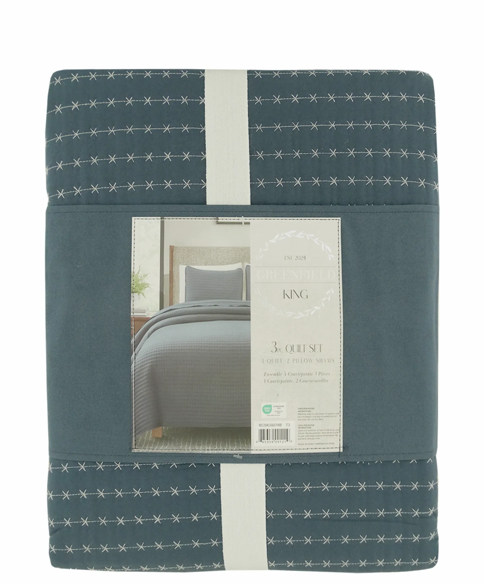 BCSK38274B, Greenfield,- 3pc King Quilt Set-Indigo/Ivory