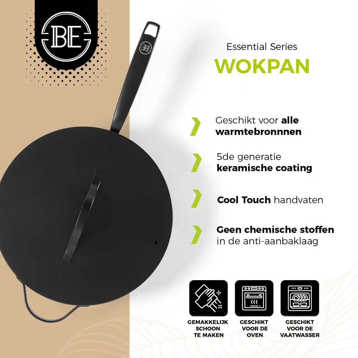 BE Living Wokpan met Deksel - Ø 30 cm - Keramische anti-aanbaklaag - PFAS vrij - Geschikt voor alle warmtebronnen - Zwart