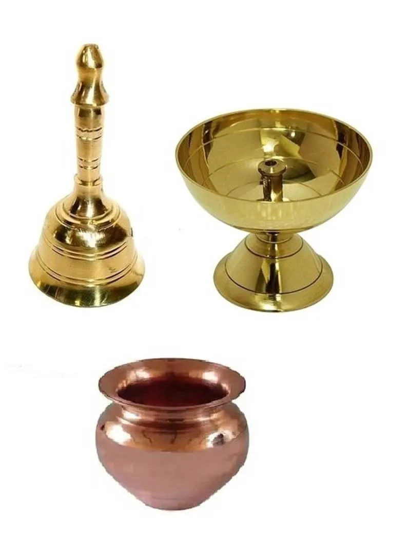 beautiful metal diya , pooja bell and pooja lota pack of 3