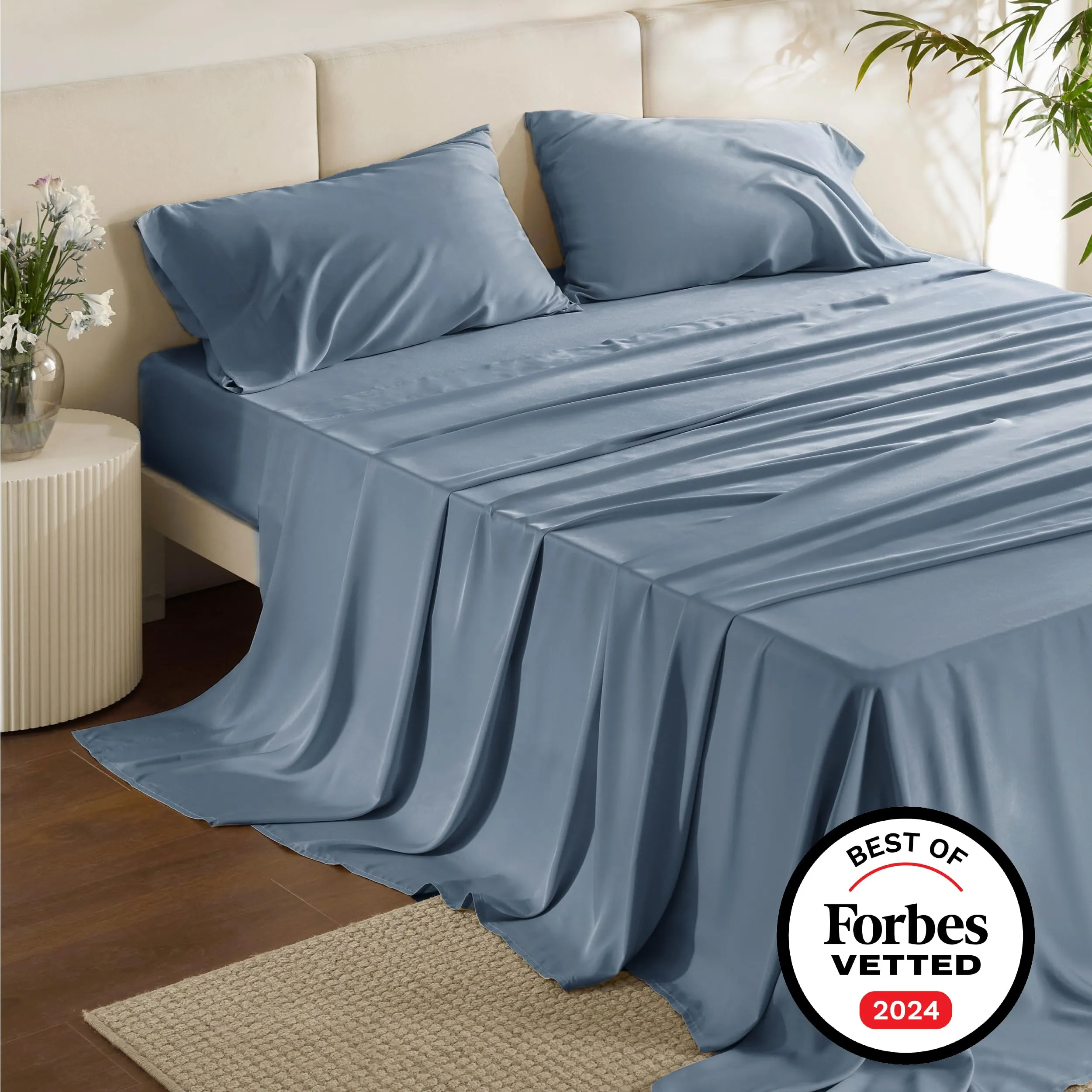 Bedsure King Size Sheet Set, Cooling Sheets King, Rayon Derived from Bamboo, Deep Pocket Up to 16", Breathable & Soft Bed Sheets, Hotel Luxury Silky Bedding Sheets & Pillowcases, Mineral Blue