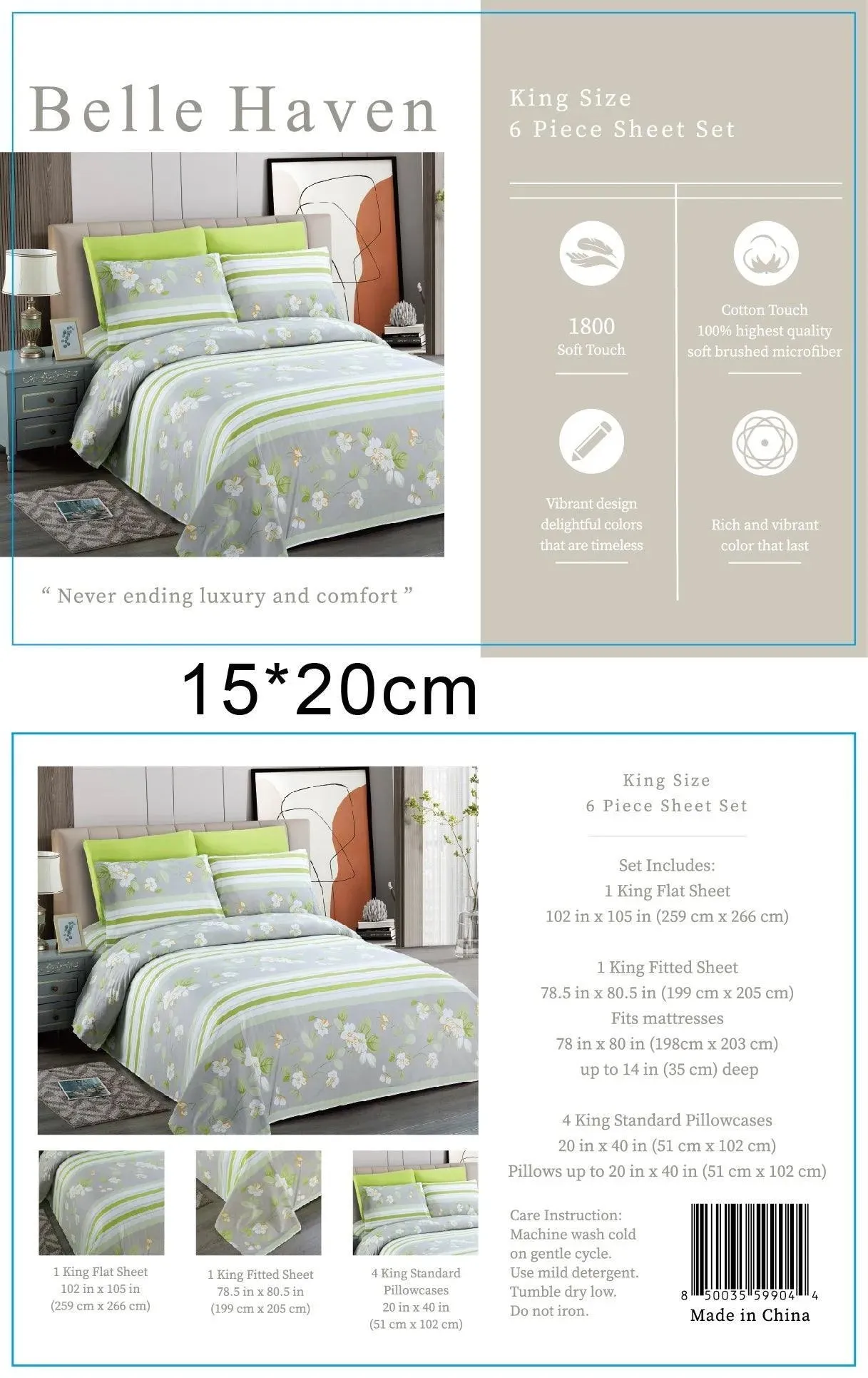 Belle Haven 6 Piece Sheet Set Green/Gray with White Flowers