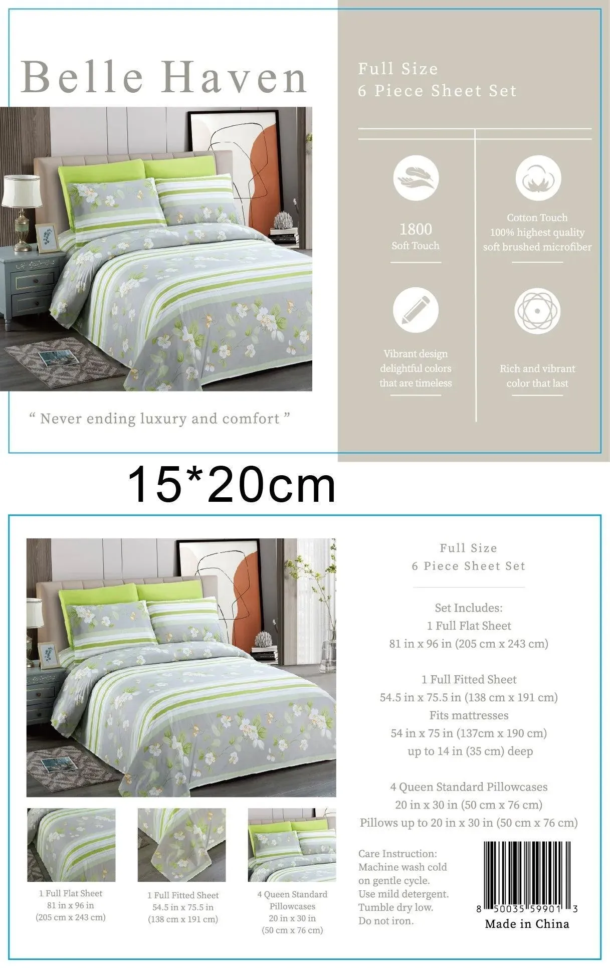 Belle Haven 6 Piece Sheet Set Green/Gray with White Flowers