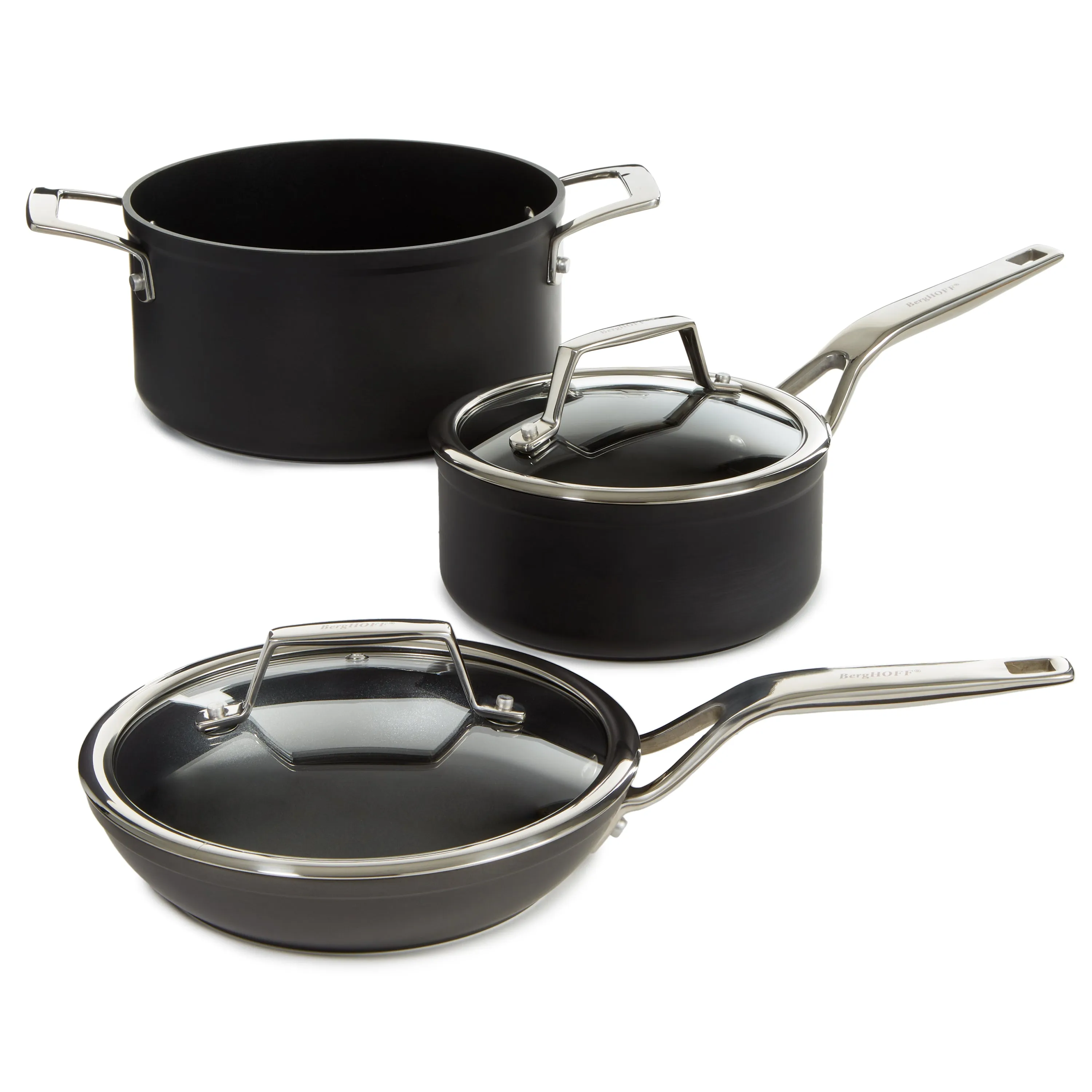 BergHOFF Essentials 5Pc Nonstick Hard Anodized Cookware Set For Two With Glass lid, Black