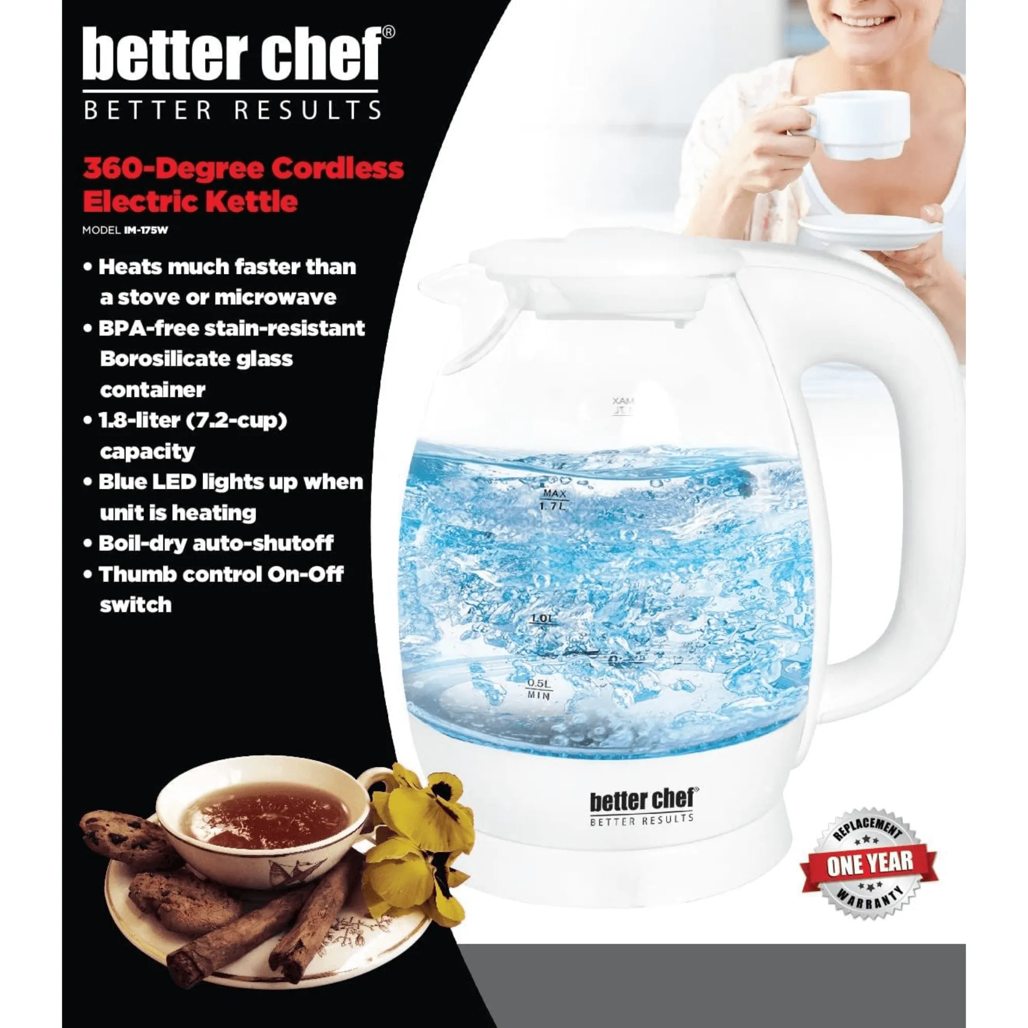 Better Chef 7-Cup Cordless Borosilicate Glass Electric Kettle with LED