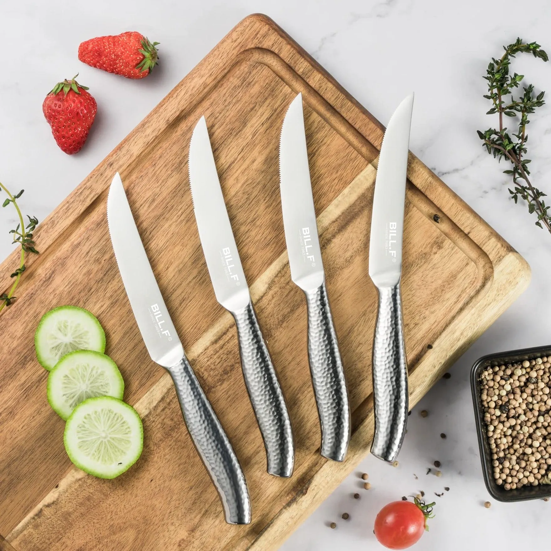 BILL.F Steak Knives, Serrated Steak Knives Set of 4, Premium Stainless Steel Steak Knife Set, Super Sharp Serrated Steak Knife with Gift Box