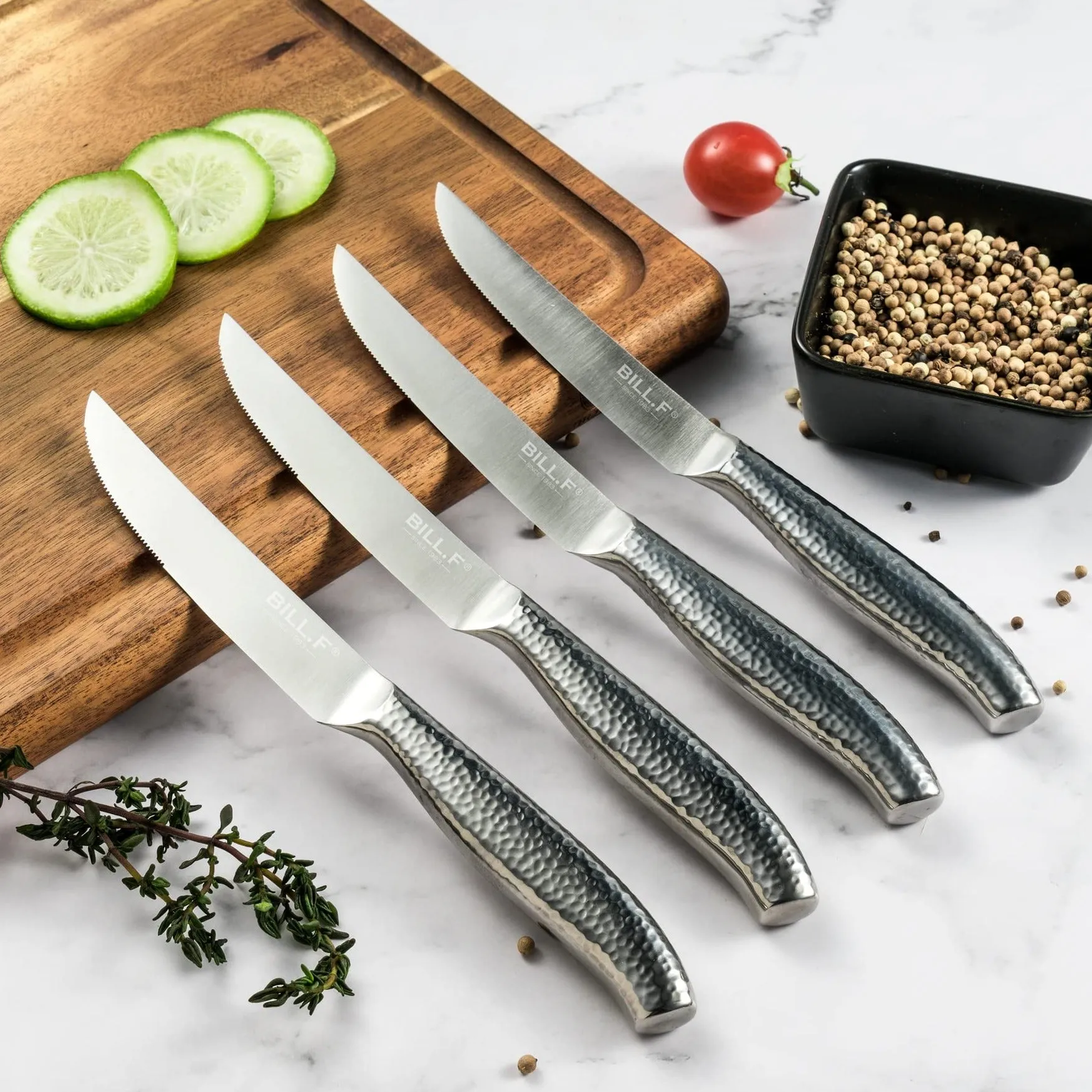 BILL.F Steak Knives, Serrated Steak Knives Set of 4, Premium Stainless Steel Steak Knife Set, Super Sharp Serrated Steak Knife with Gift Box