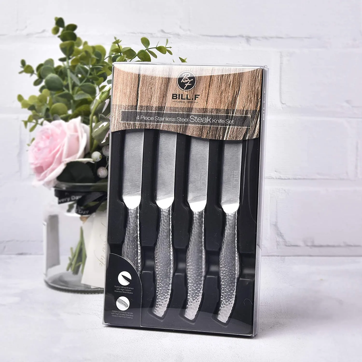 BILL.F Steak Knives, Serrated Steak Knives Set of 4, Premium Stainless Steel Steak Knife Set, Super Sharp Serrated Steak Knife with Gift Box