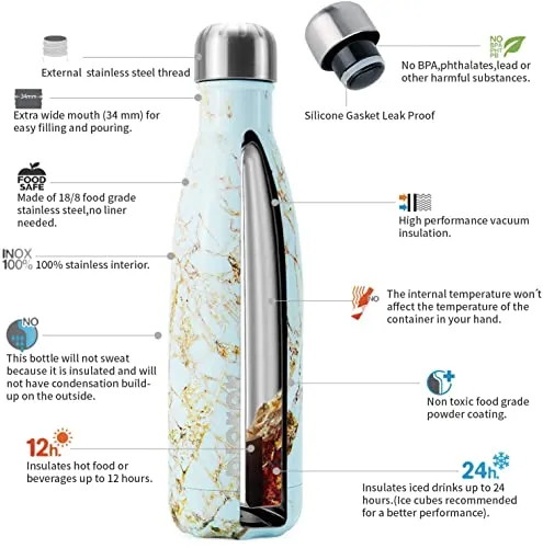 BJPKPK Insulated Water Bottles 17oz, Leak Proof Stainless Steel Water Bottle Keeps Cold for 24H and Hot for 12H, BPA Free Water Bottle,Lake Blue