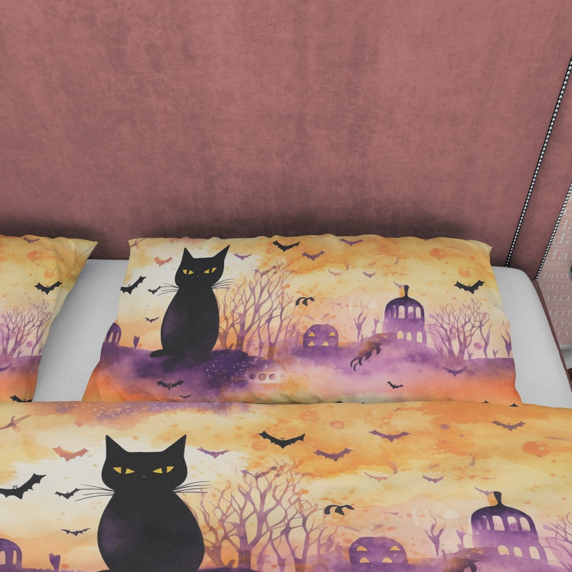 Black Cat & Bats, Orange Painted Duvet Cover Set, Aesthetic Zipper Bedding, Halloween Room Decor, US, UK, European, Australian Bed Size