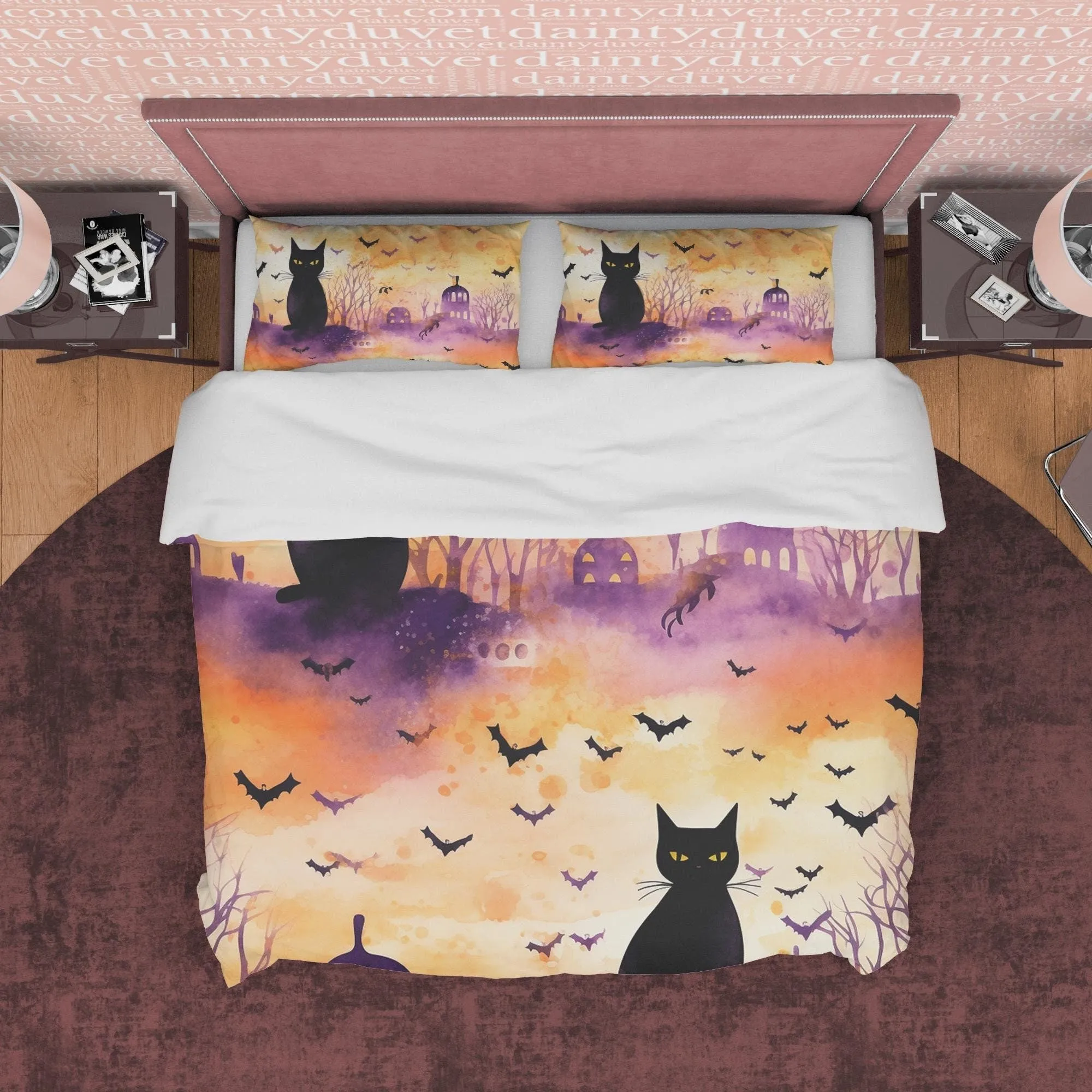 Black Cat & Bats, Orange Painted Duvet Cover Set, Aesthetic Zipper Bedding, Halloween Room Decor, US, UK, European, Australian Bed Size