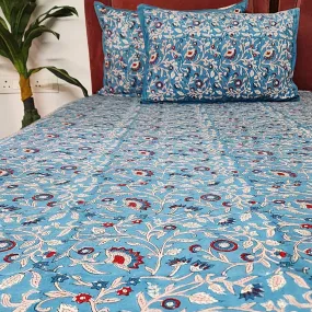 Blue Floral Print Blockprint Bedsheet