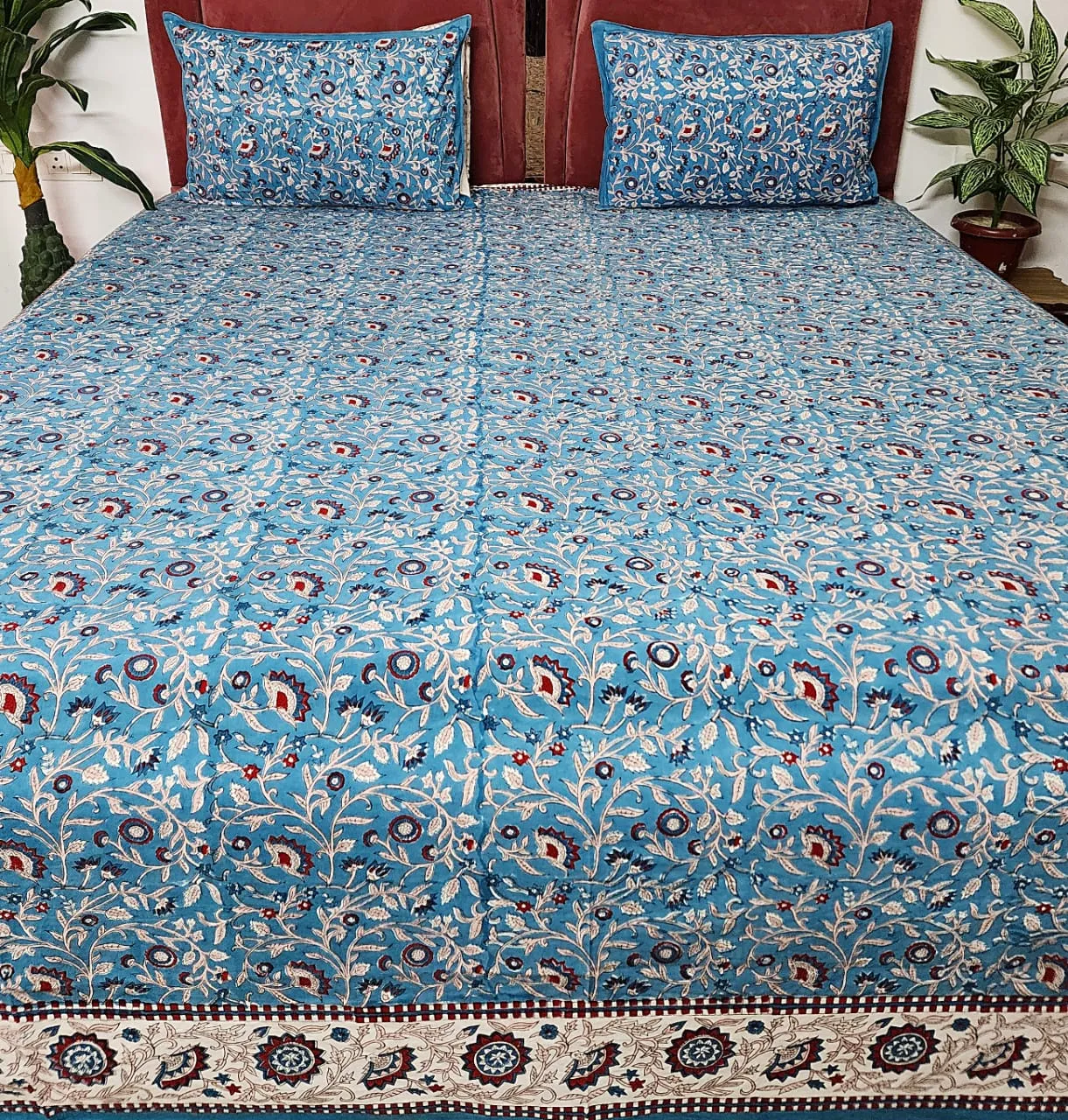 Blue Floral Print Blockprint Bedsheet