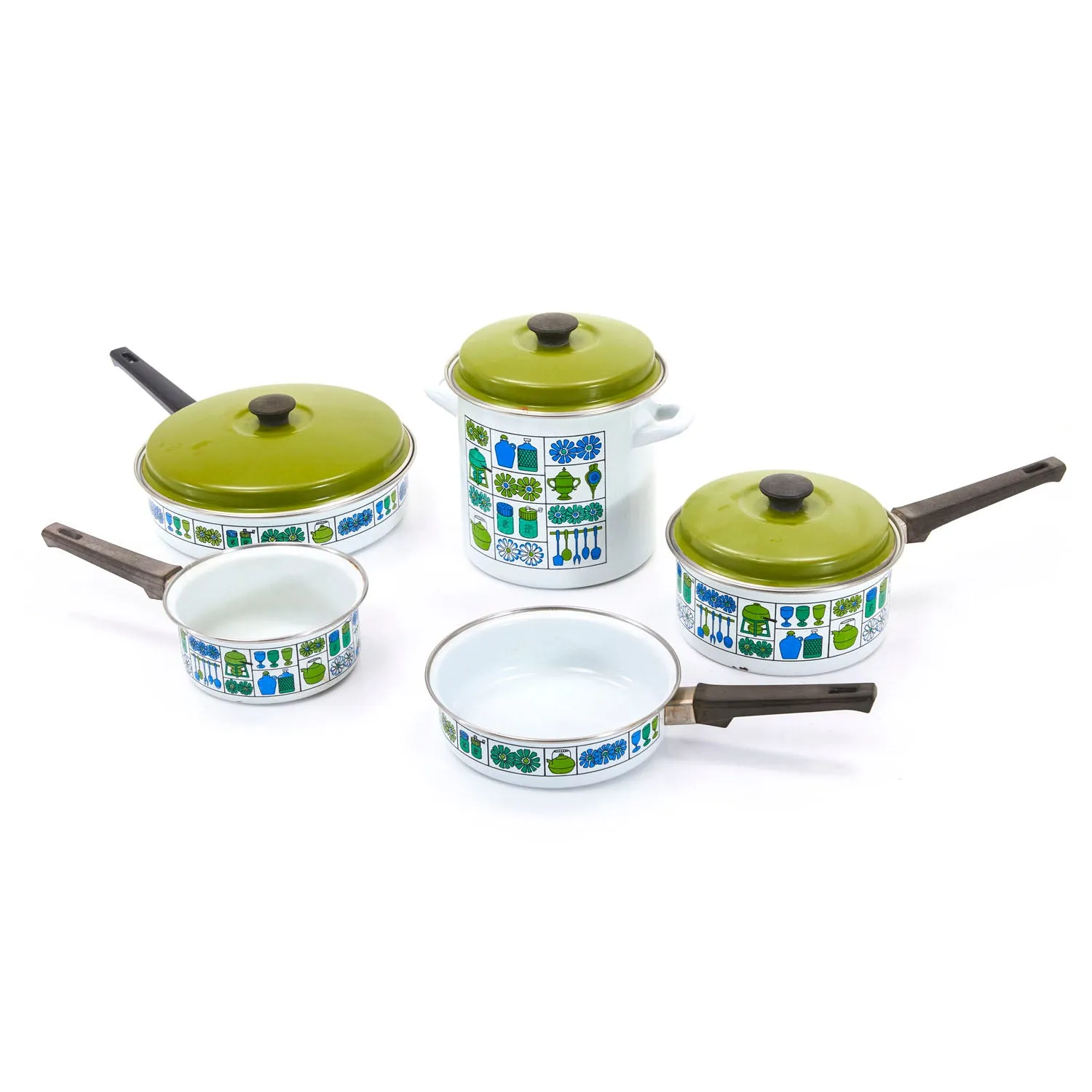 Blue   Green Pattern Enamel Cookware Set - 5 Pots   3 Lids