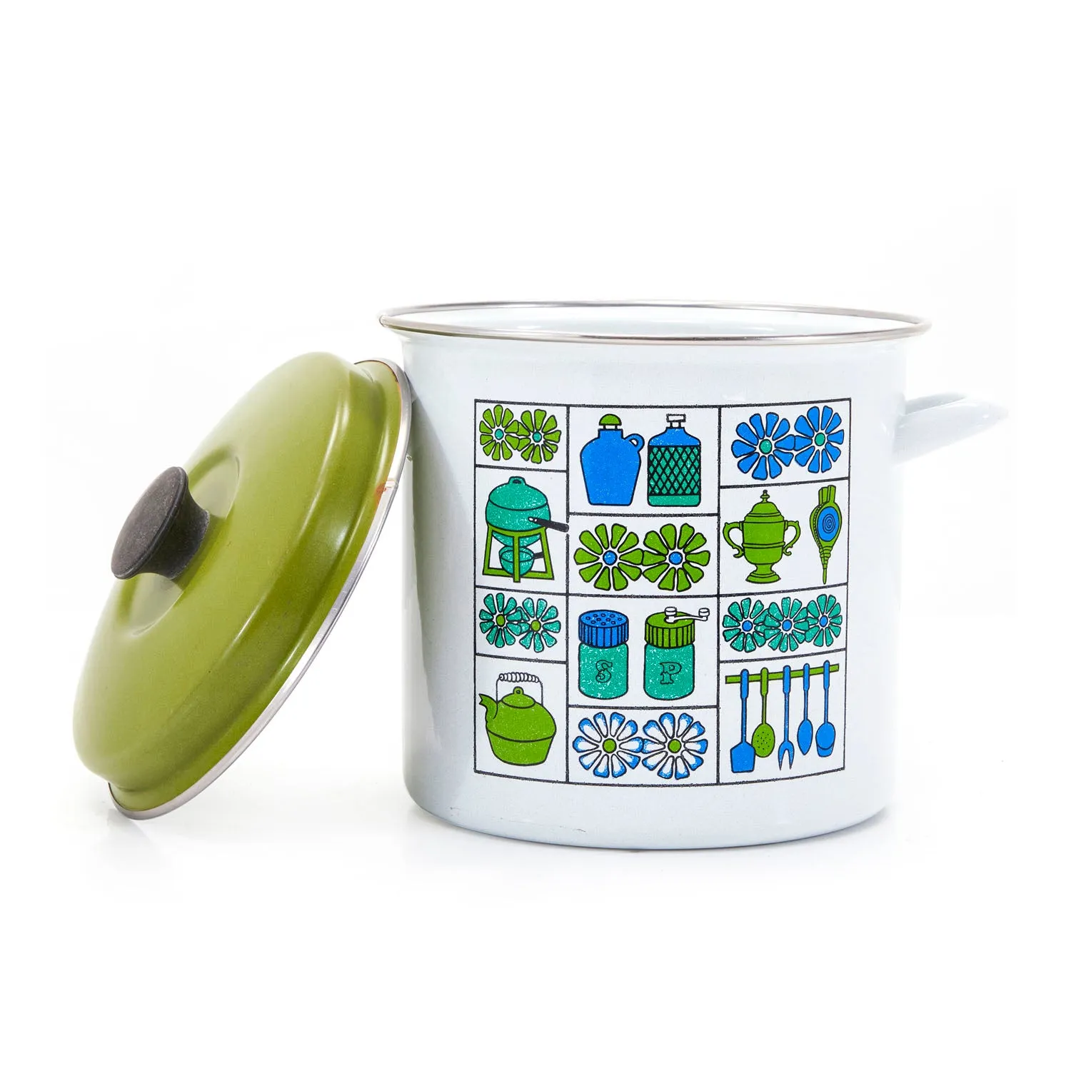 Blue   Green Pattern Enamel Cookware Set - 5 Pots   3 Lids