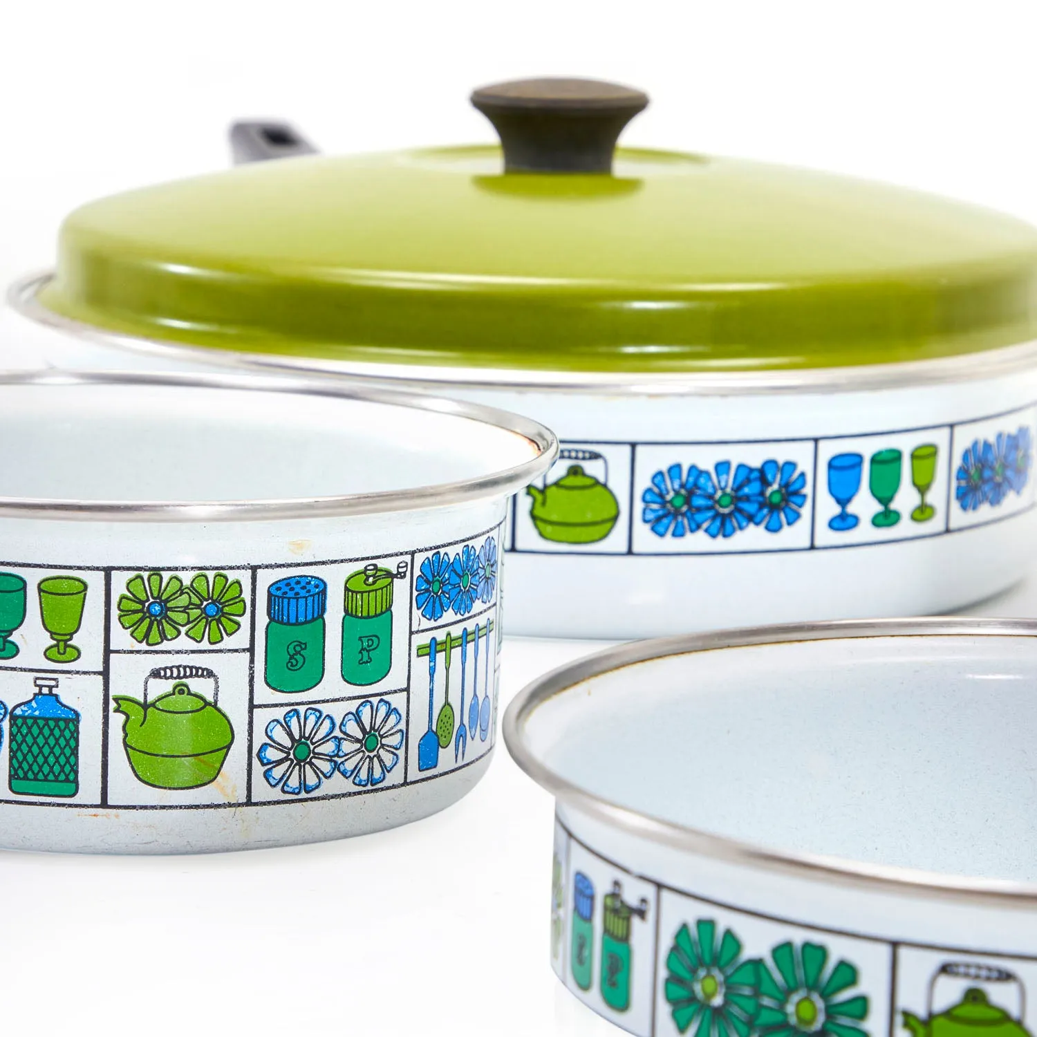 Blue   Green Pattern Enamel Cookware Set - 5 Pots   3 Lids