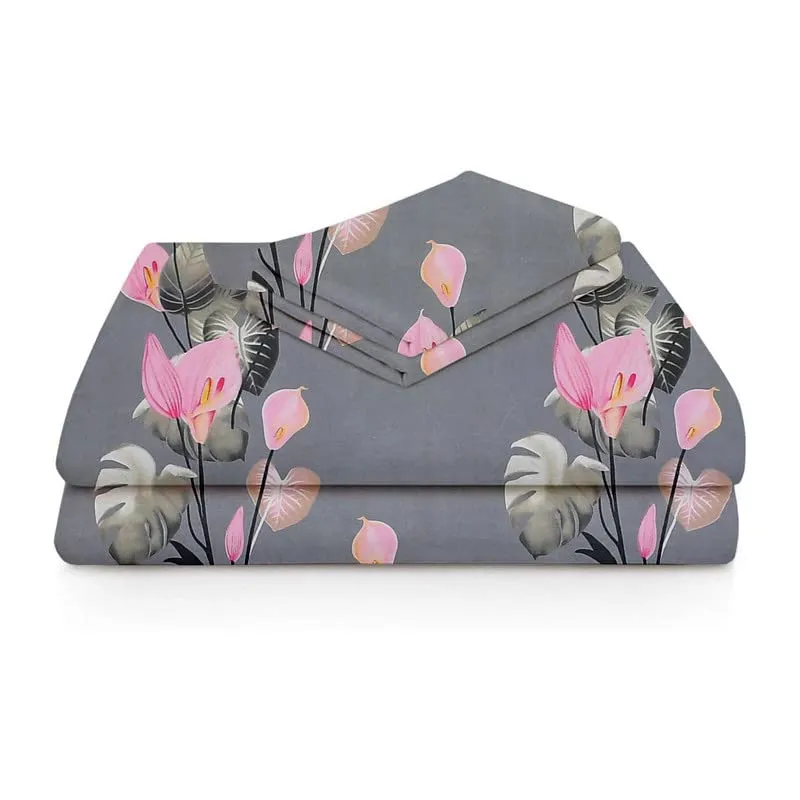 BSB HOME 160 TC Glace Cotton Double Floral Bedsheet with 2 Pillow Covers | 125 GSM Soft Brushed - Breathable & Wrinkle Free - (90 X 90 Inch, Grey & Pink)