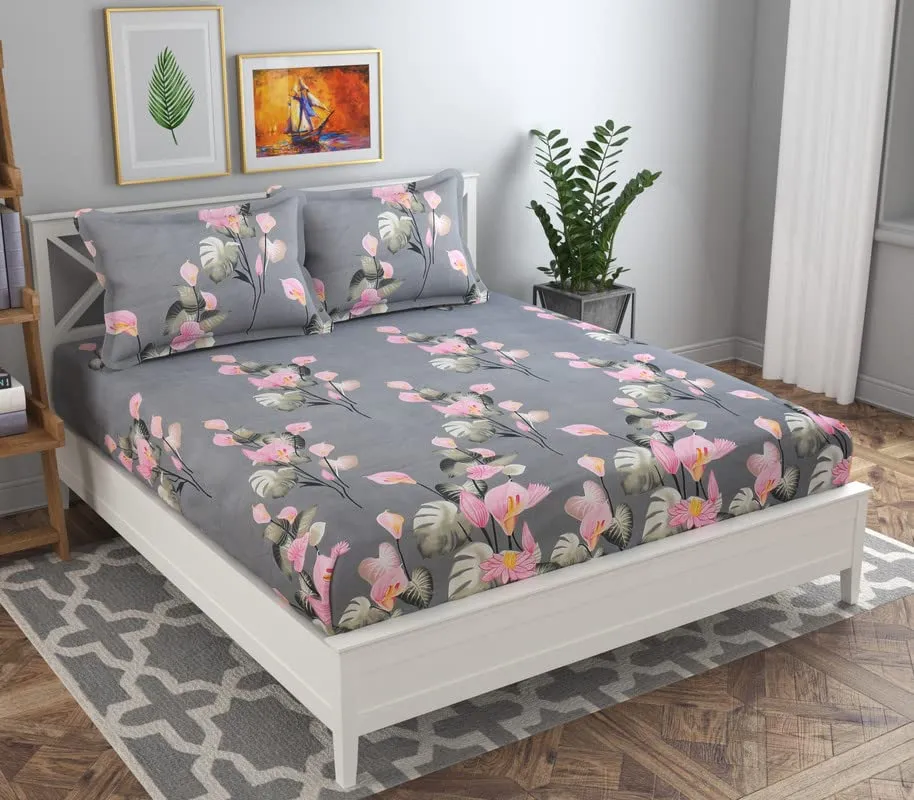 BSB HOME 160 TC Glace Cotton Double Floral Bedsheet with 2 Pillow Covers | 125 GSM Soft Brushed - Breathable & Wrinkle Free - (90 X 90 Inch, Grey & Pink)