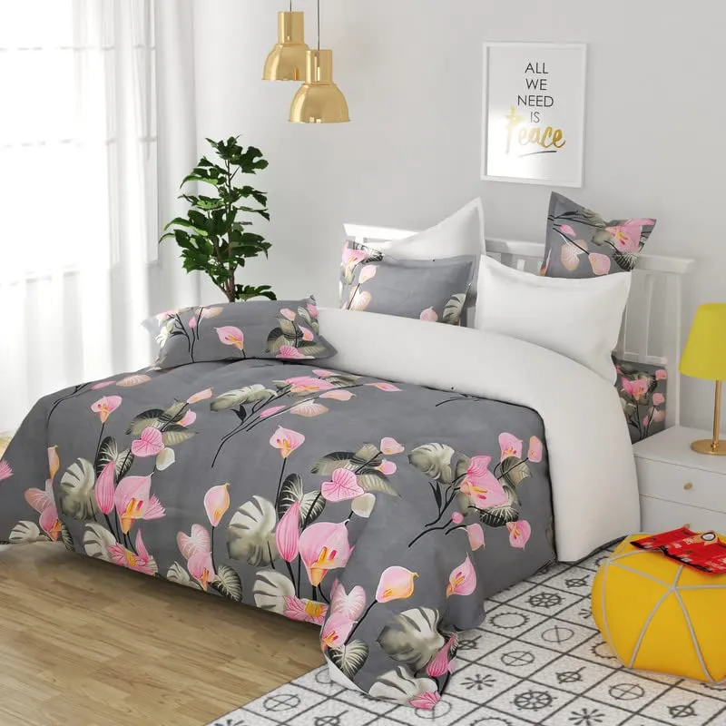 BSB HOME 160 TC Glace Cotton Double Floral Bedsheet with 2 Pillow Covers | 125 GSM Soft Brushed - Breathable & Wrinkle Free - (90 X 90 Inch, Grey & Pink)