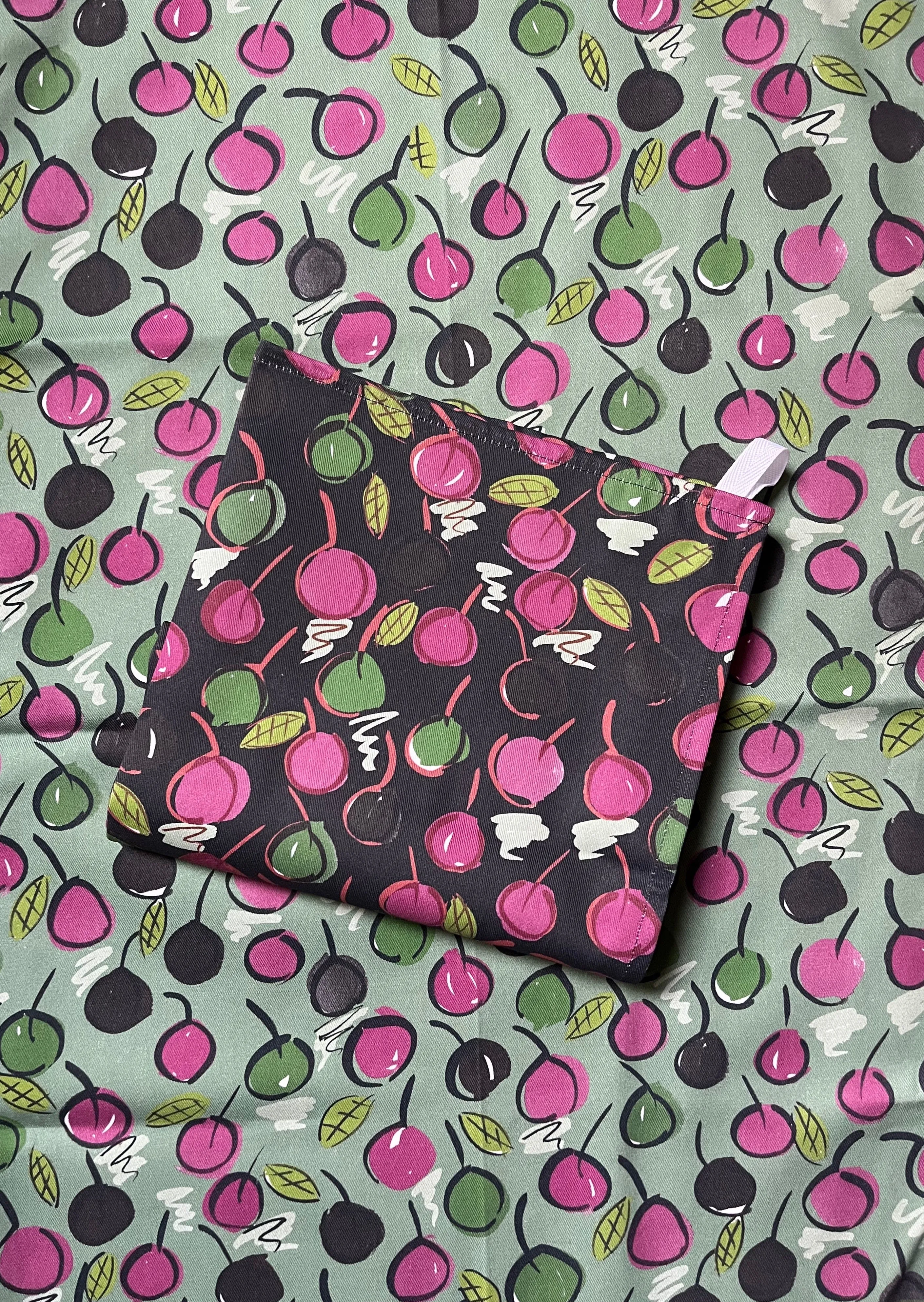 Cherries Tea Towel - Green / Black