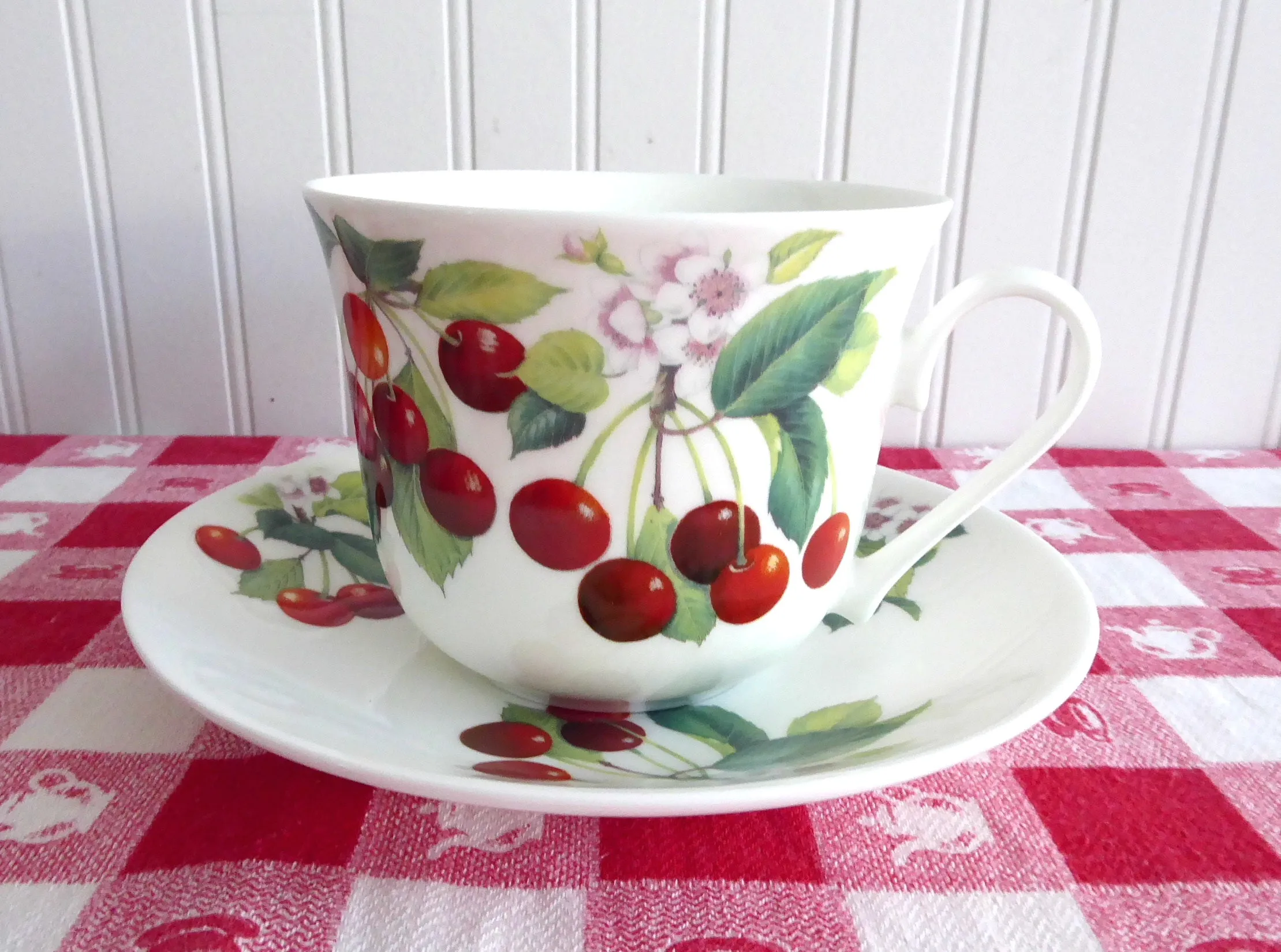 Cherry Breakfast Size Cup And Saucer Roy Kirkham Bone China Red Cherries Large