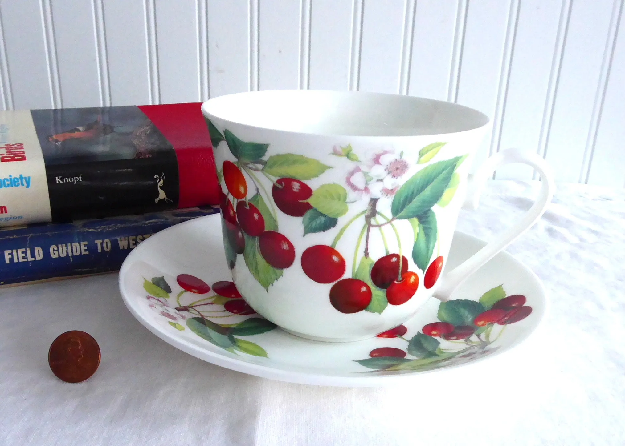 Cherry Breakfast Size Cup And Saucer Roy Kirkham Bone China Red Cherries Large