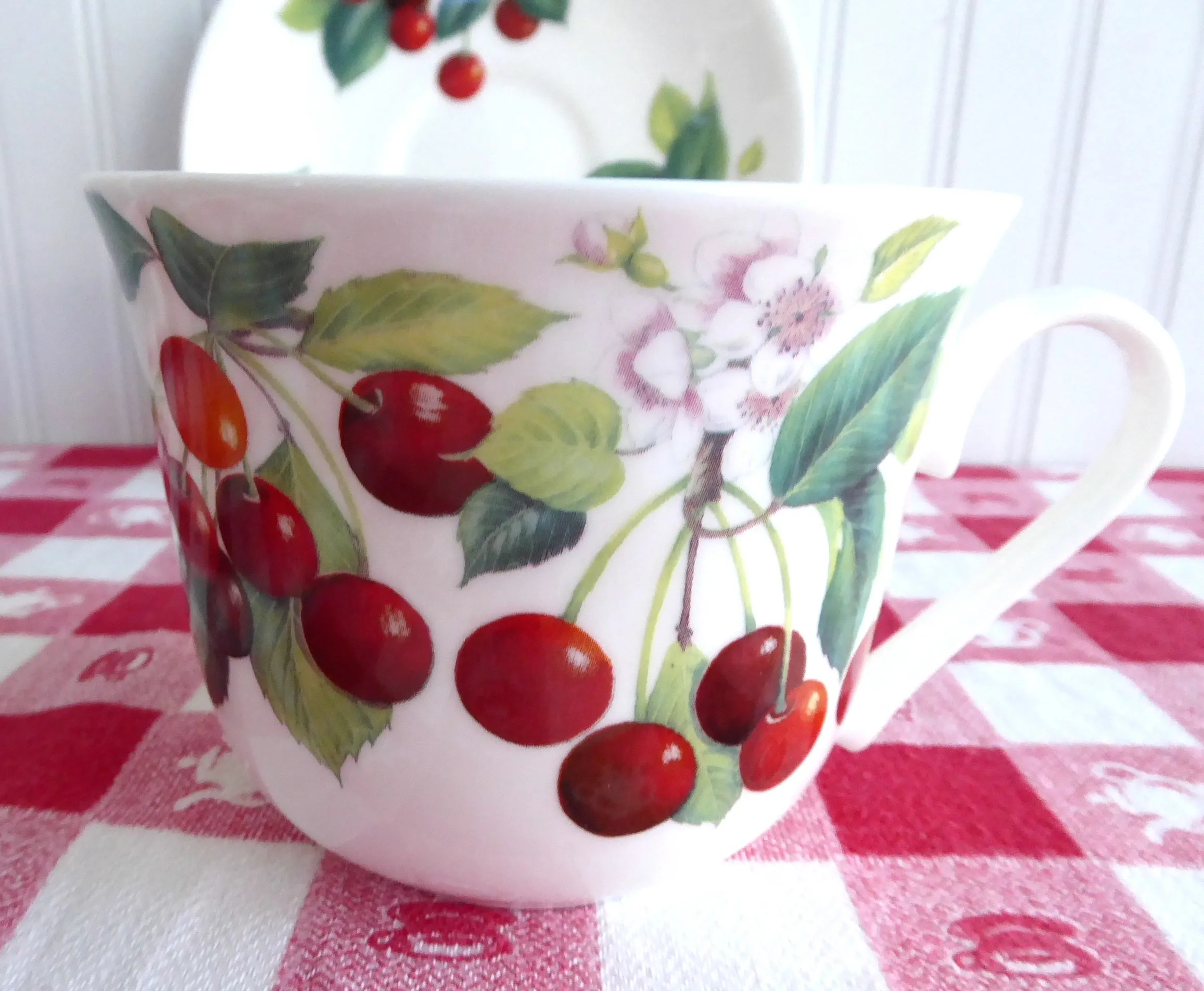 Cherry Breakfast Size Cup And Saucer Roy Kirkham Bone China Red Cherries Large