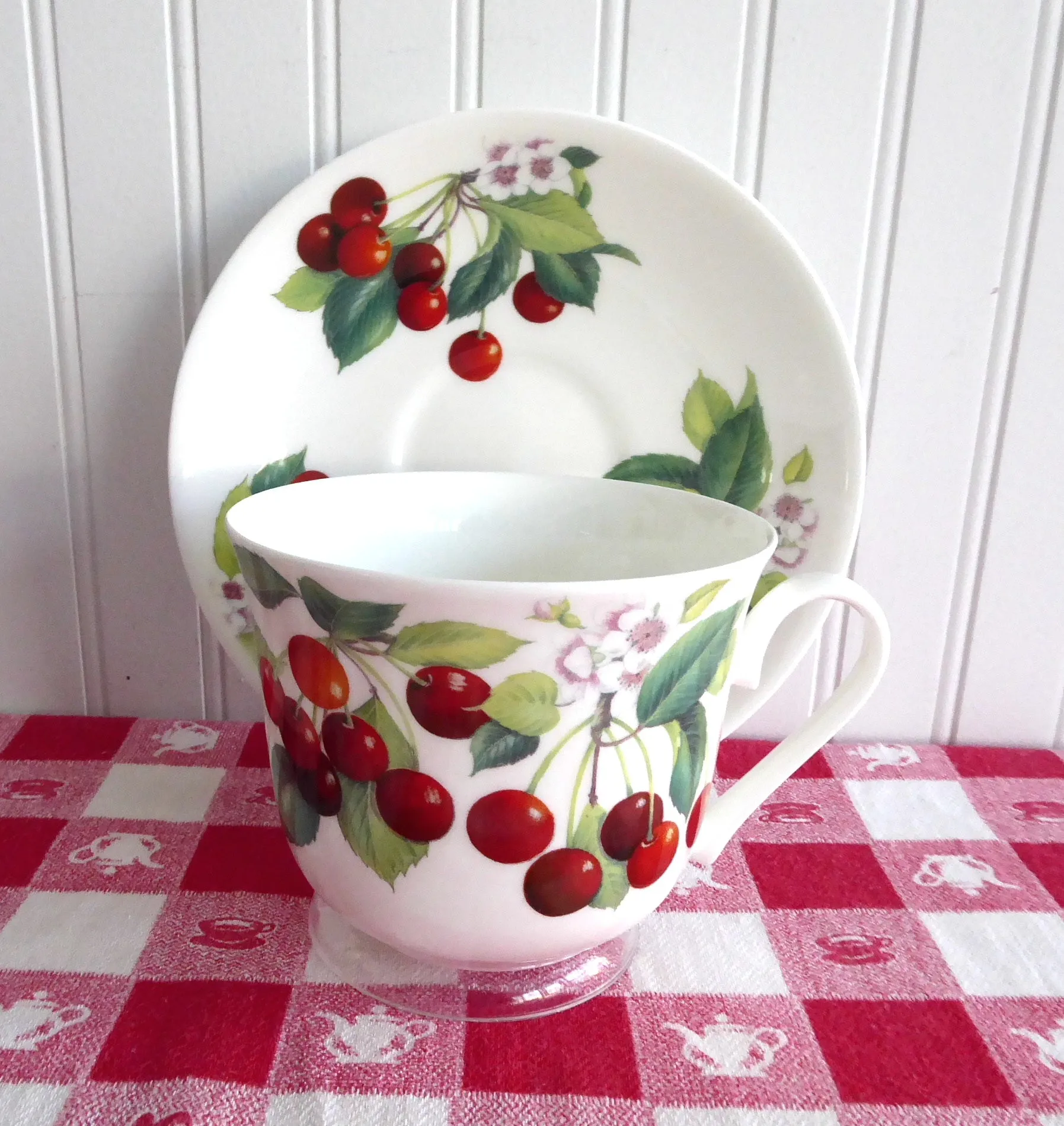 Cherry Breakfast Size Cup And Saucer Roy Kirkham Bone China Red Cherries Large