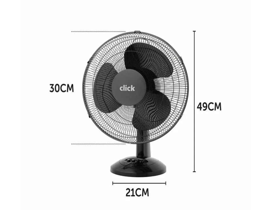 Click 30cm 3 Blades Black Desk Fan / 3 Speed Settings/ Adjustable Tilt Head