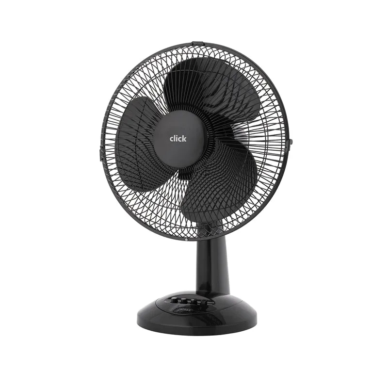 Click 30cm 3 Blades Black Desk Fan / 3 Speed Settings/ Adjustable Tilt Head