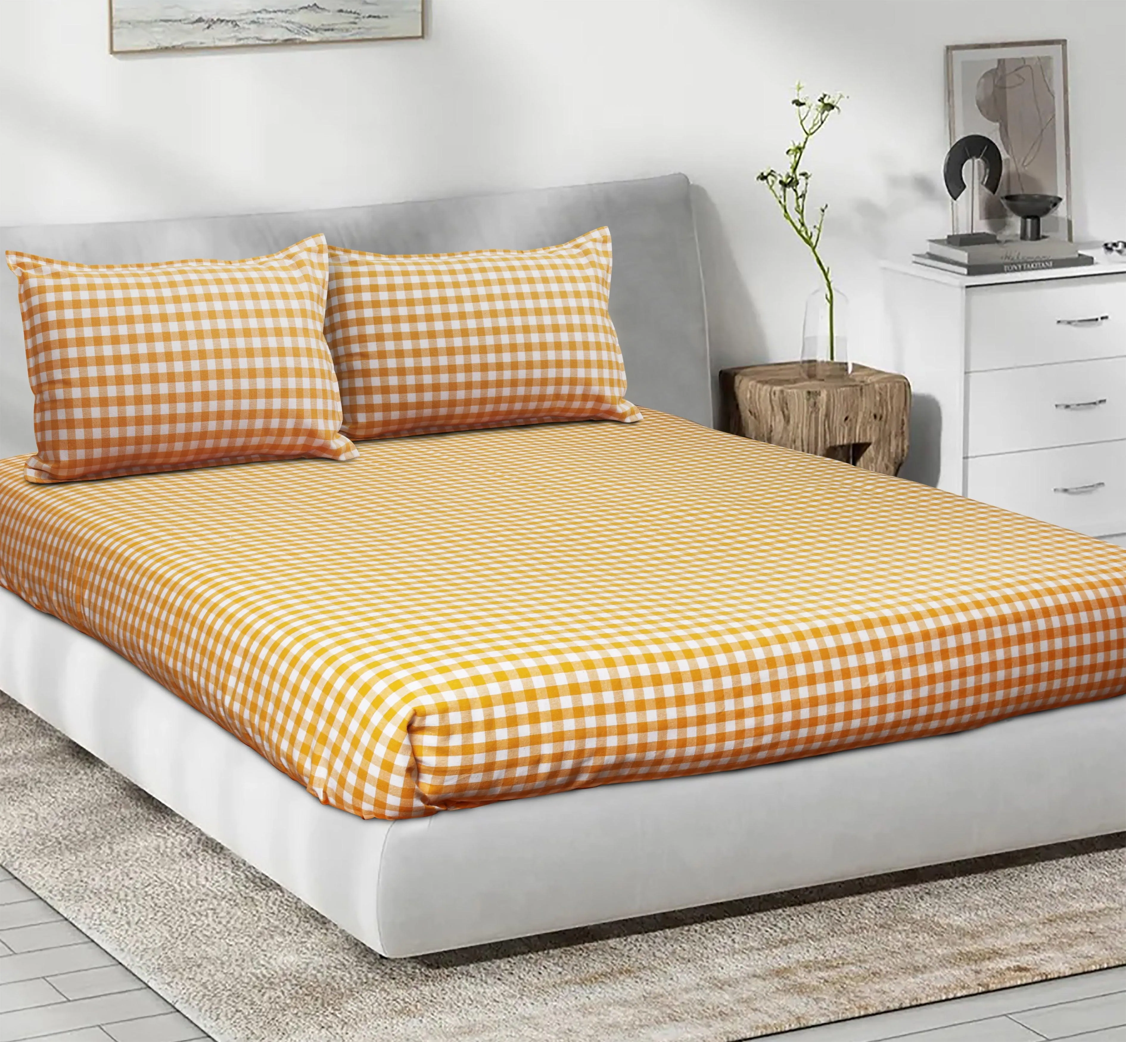 Cotton Checkered Bedsheet with Pillow Covers (Yellow) - available sizes, Single, Double/Queen, King and Super King