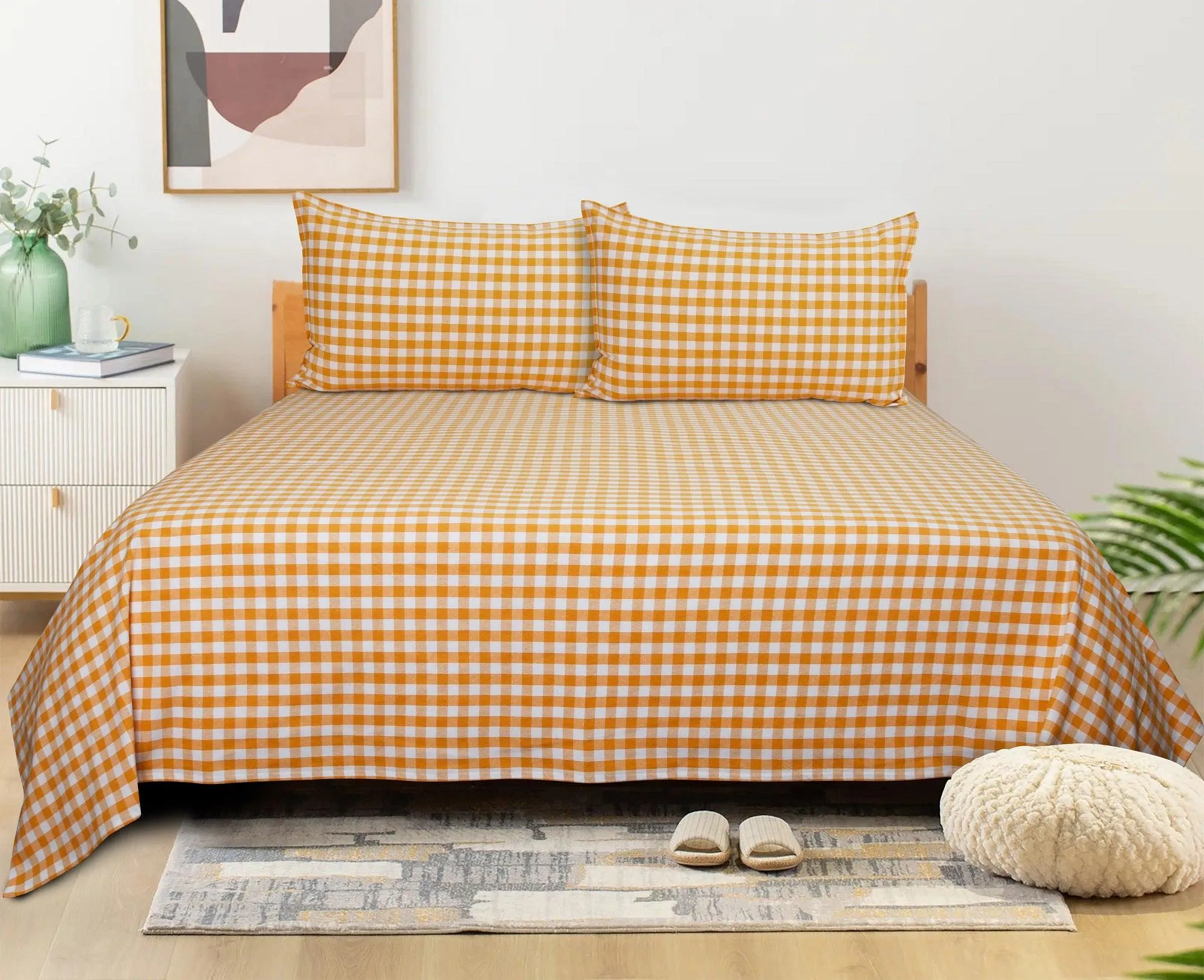 Cotton Checkered Bedsheet with Pillow Covers (Yellow) - available sizes, Single, Double/Queen, King and Super King