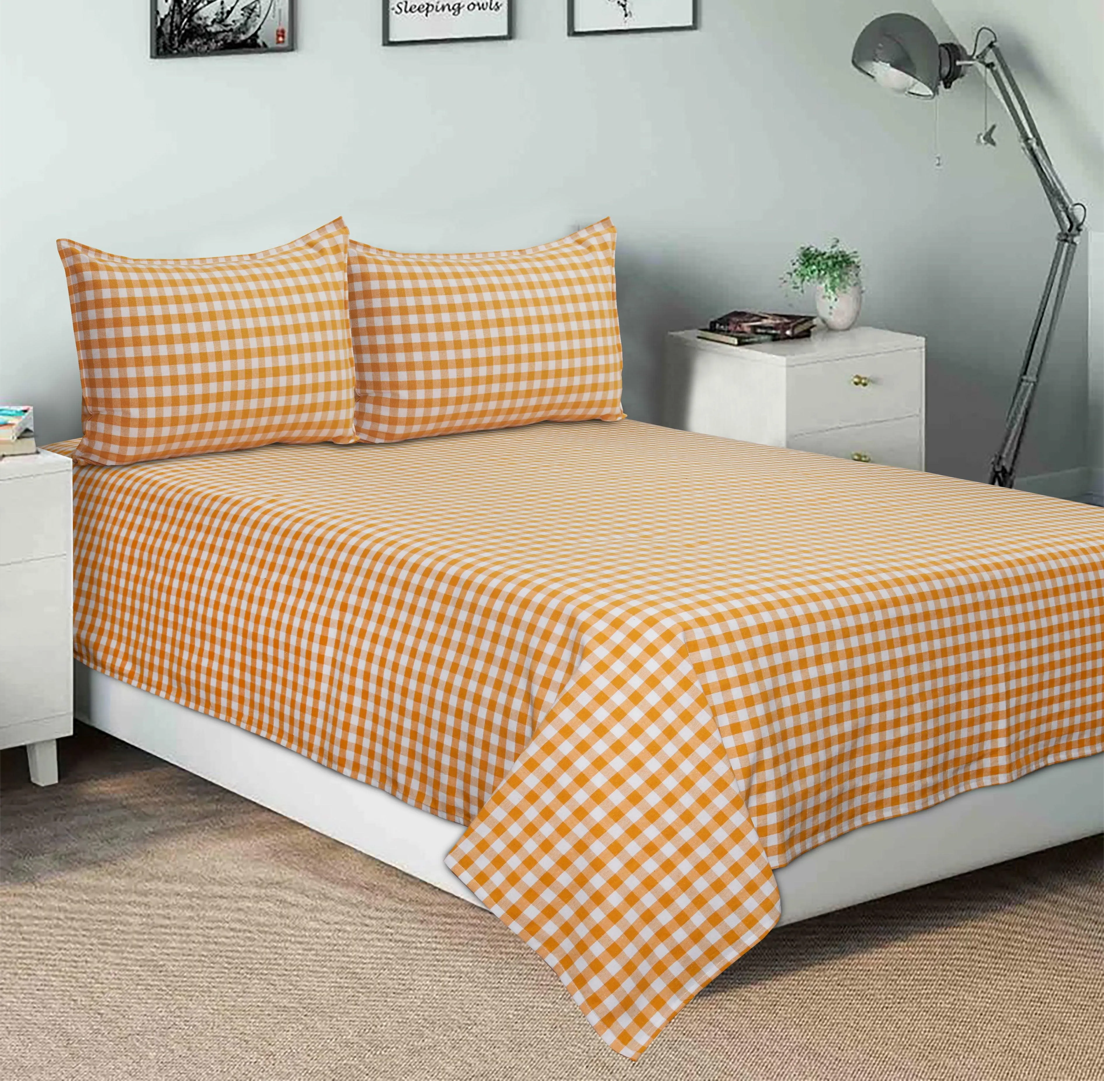 Cotton Checkered Bedsheet with Pillow Covers (Yellow) - available sizes, Single, Double/Queen, King and Super King