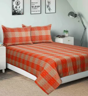 Cotton Designer Dobby Checkered Bedsheet with Pillow Covers (Orange, Beige) - available sizes, Single, Double/Queen, King and Super King