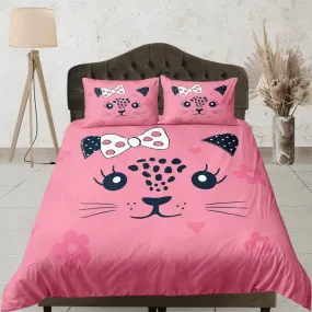 Cute Girly Cat Pink Bedding, Toddler Bedding, Kids Duvet Cover Set, Baby Bedding Cat Face with Ribbon Doona Cover up to California King Size