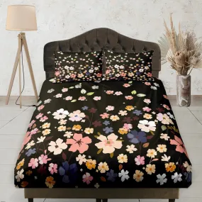 Dainty Flowers Black Fitted Sheet Deep Pocket, Floral Prints, Boho Bedding Set Full, Elastic Bedsheet, Dorm Bedding, Crib Sheet, King, Queen