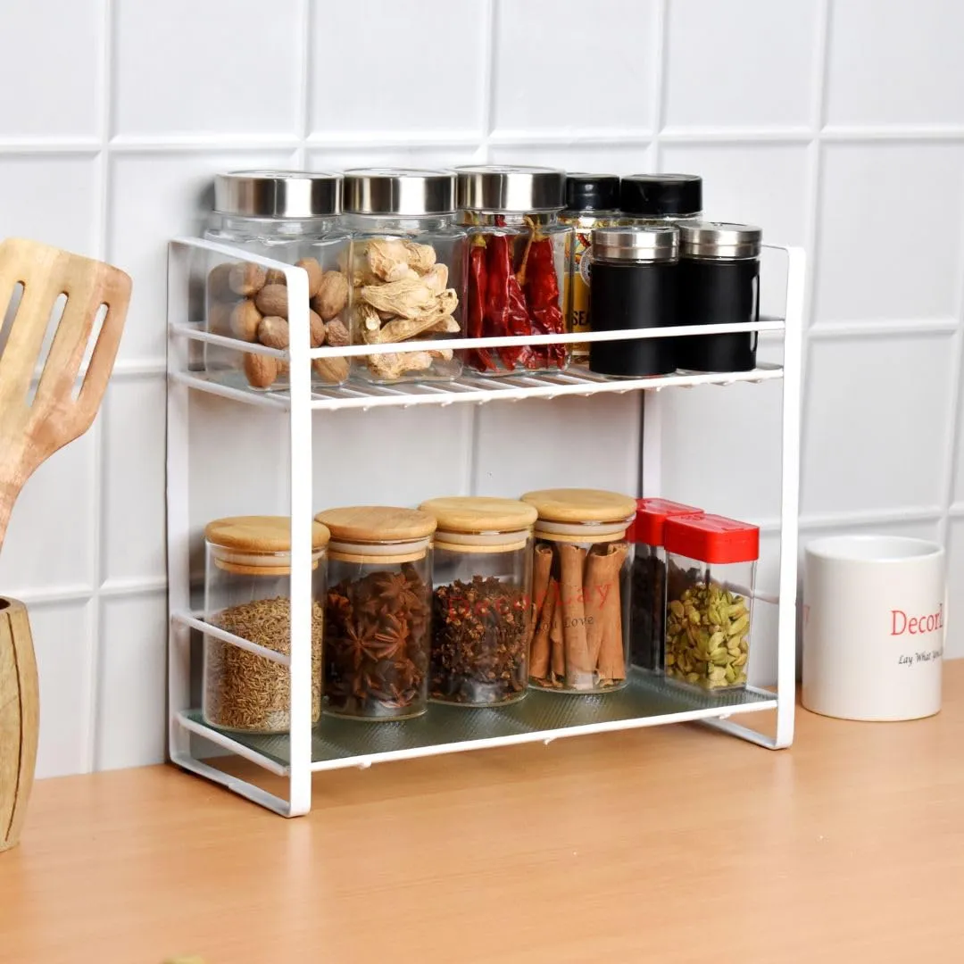 Decorlay Metal 2-Tier Kitchen Organizer Spice Rack Kitchen Cabinets | Bartan Stand | Jars and Bottle Holder | Storage Rack For Kitchen - White | Countertop, Tabletop