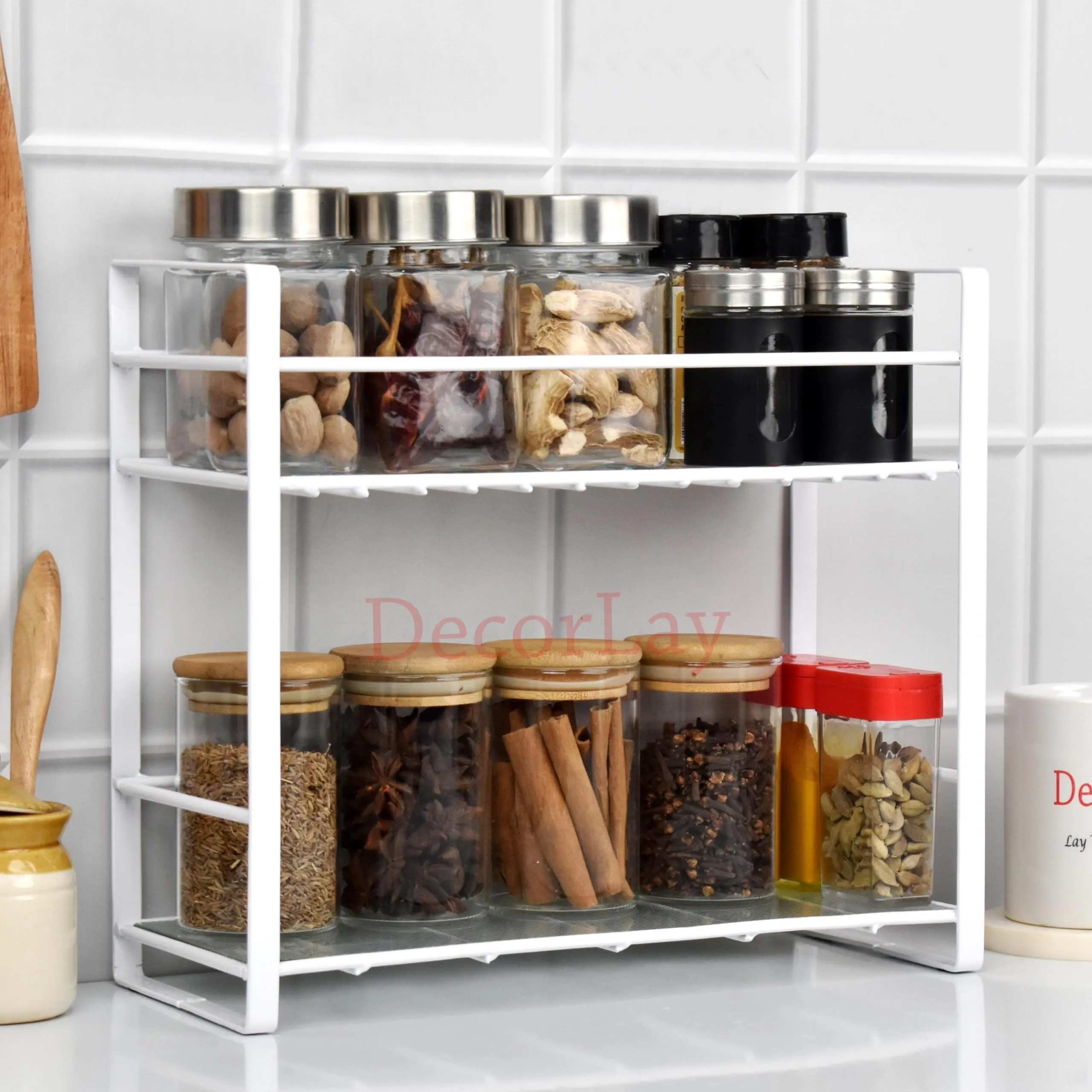 Decorlay Metal 2-Tier Kitchen Organizer Spice Rack Kitchen Cabinets | Bartan Stand | Jars and Bottle Holder | Storage Rack For Kitchen - White | Countertop, Tabletop